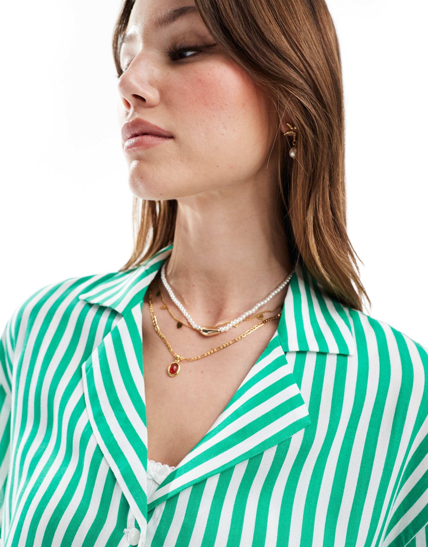 Pieces short sleeve boxy shirt co-ord in green and white stripe