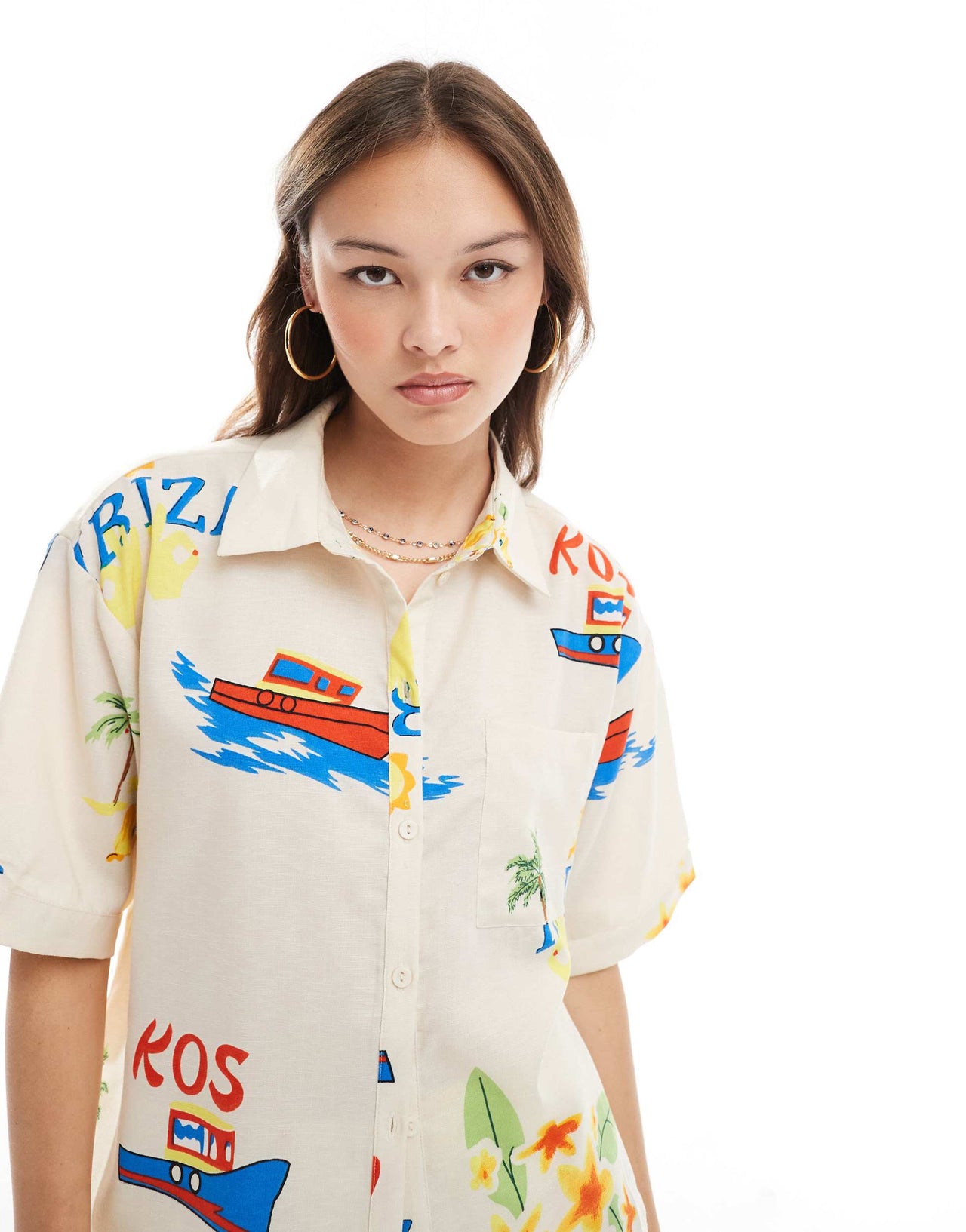 Pieces boxy fit shirt co-ord in summer holiday print