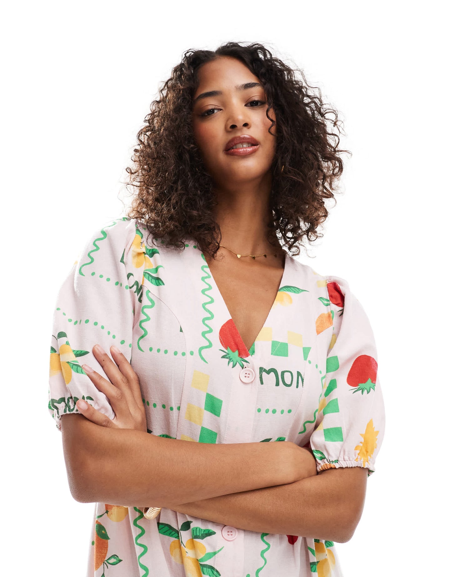 Pieces puff sleeve button frontmaxi dress in pale pink based fruit print