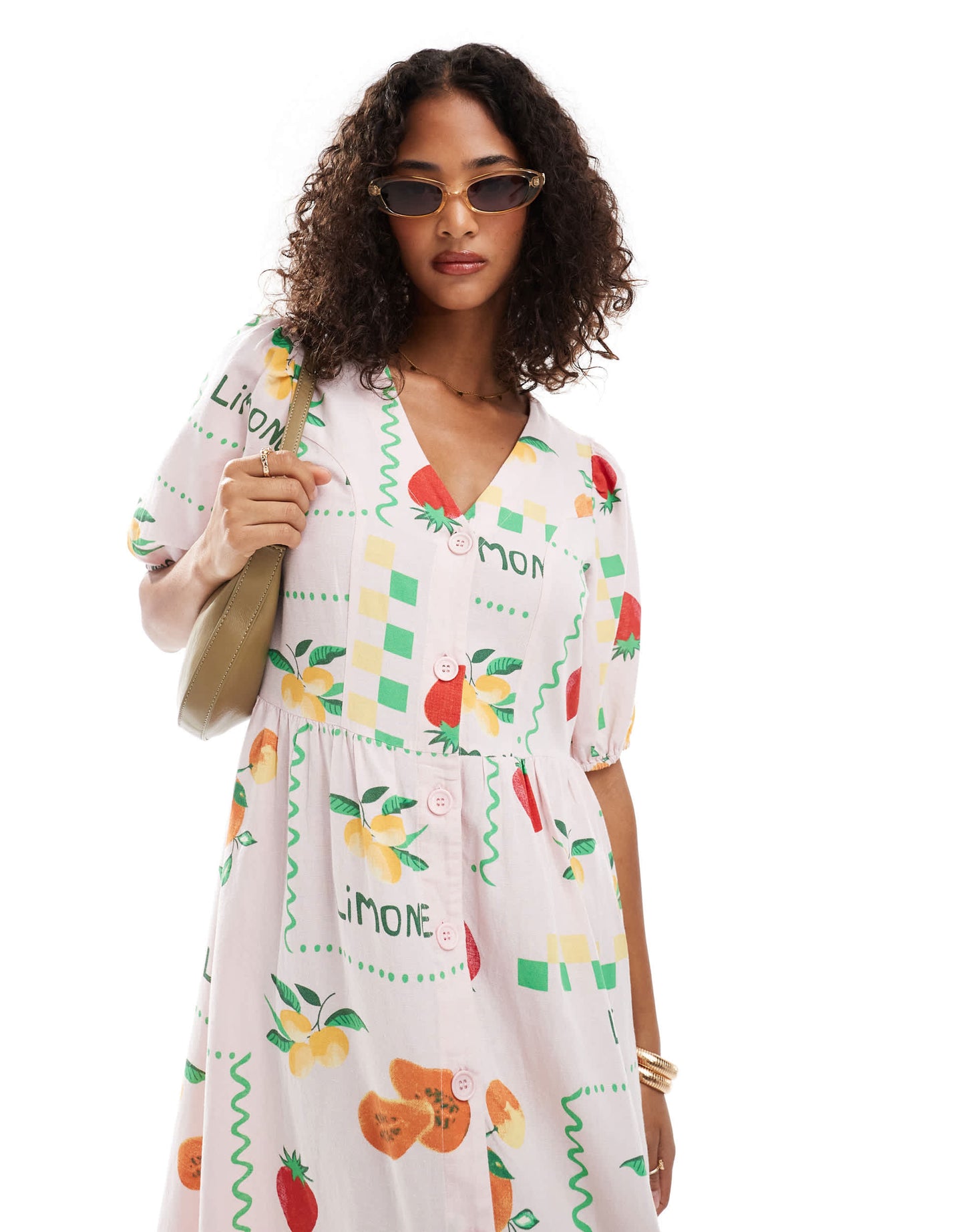 Pieces puff sleeve button frontmaxi dress in pale pink based fruit print
