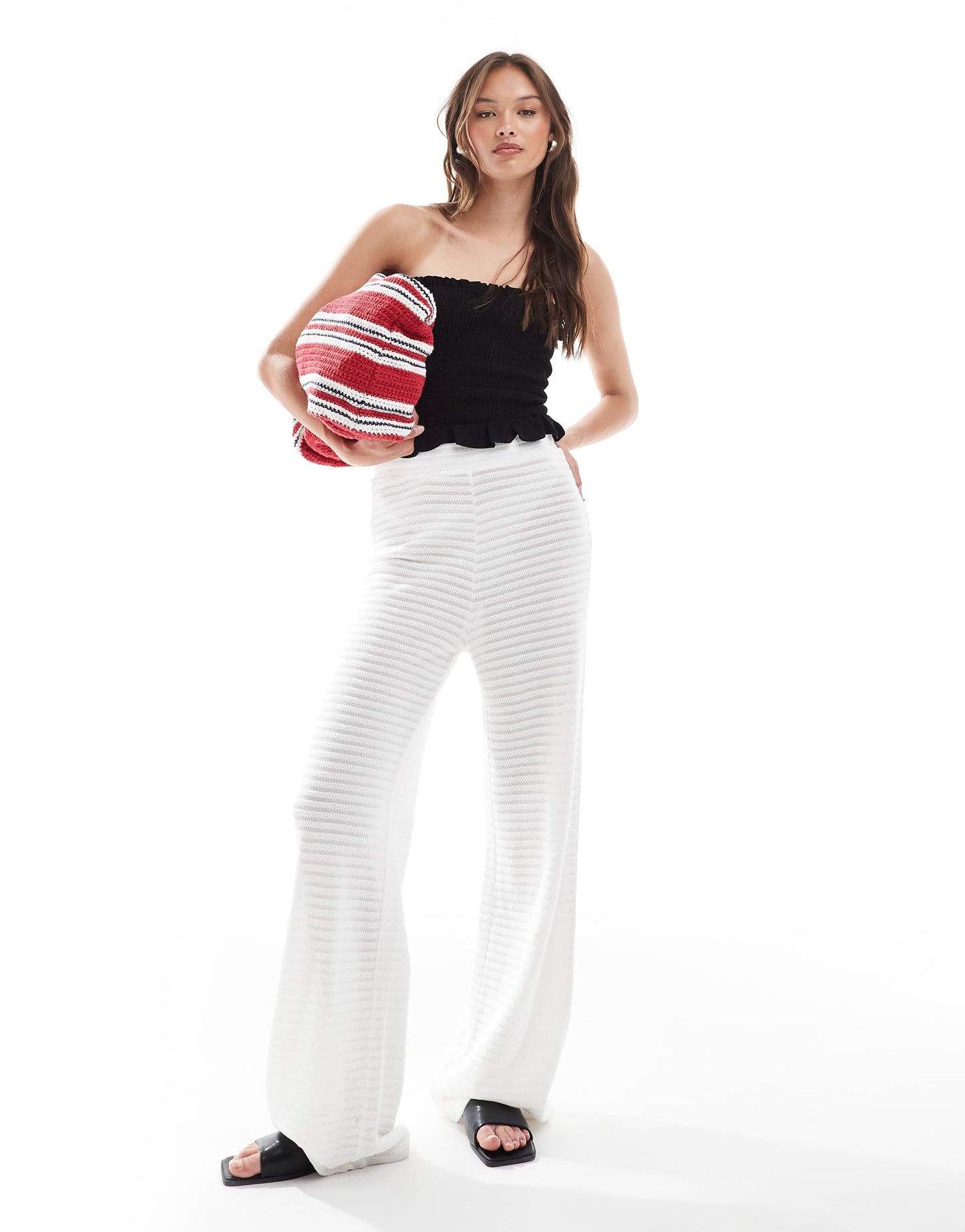 Pieces mix and match self stripe knitted wide leg trouser in off white
