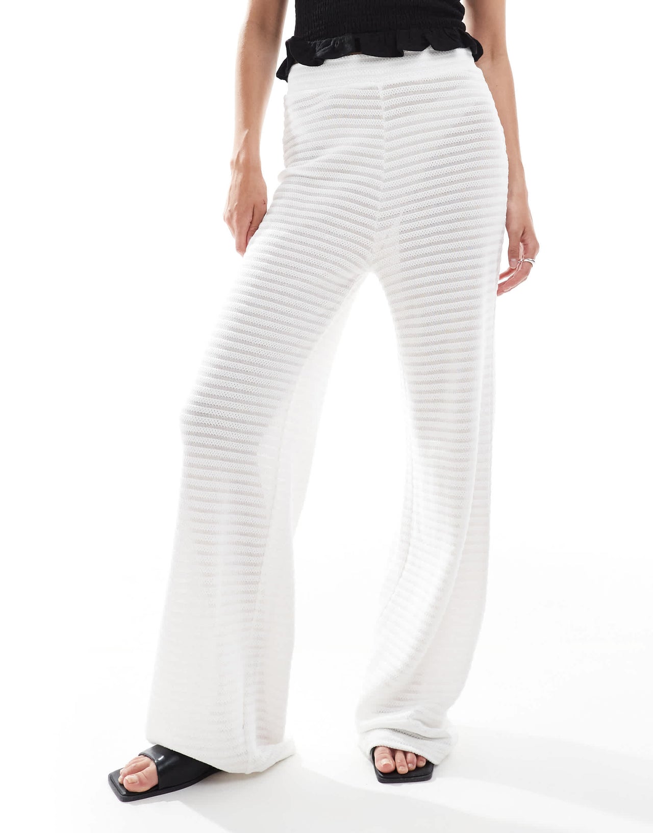 Pieces mix and match self stripe knitted wide leg trouser in off white