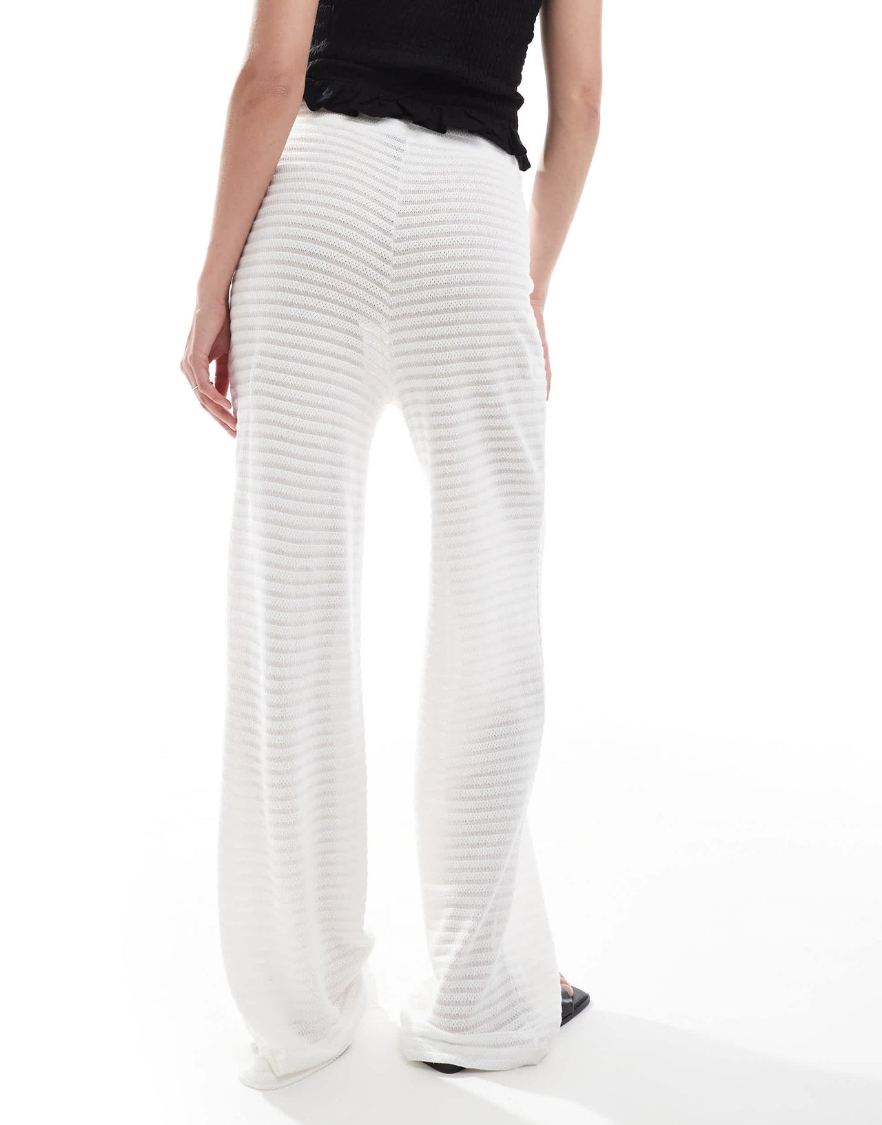 Pieces mix and match self stripe knitted wide leg trouser in off white