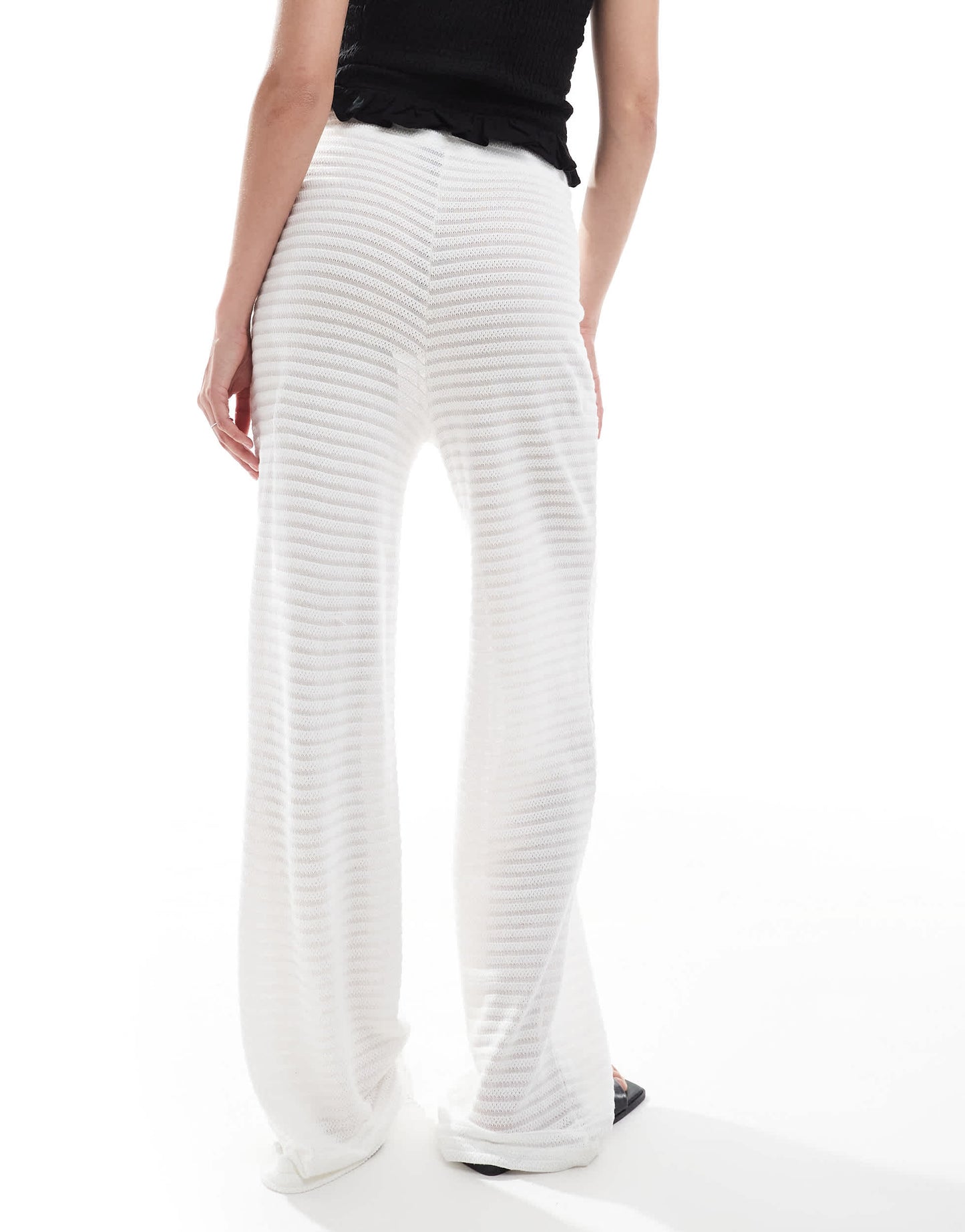 Pieces mix and match self stripe knitted wide leg trouser in off white