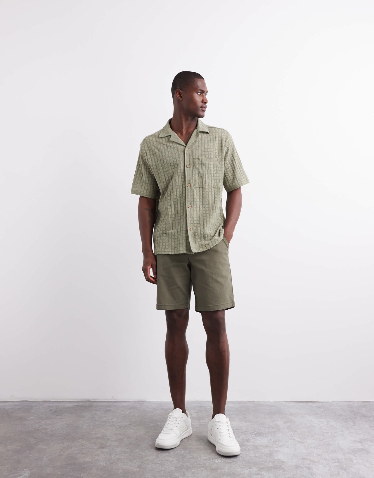 River Island revere collar textured shirt in khaki