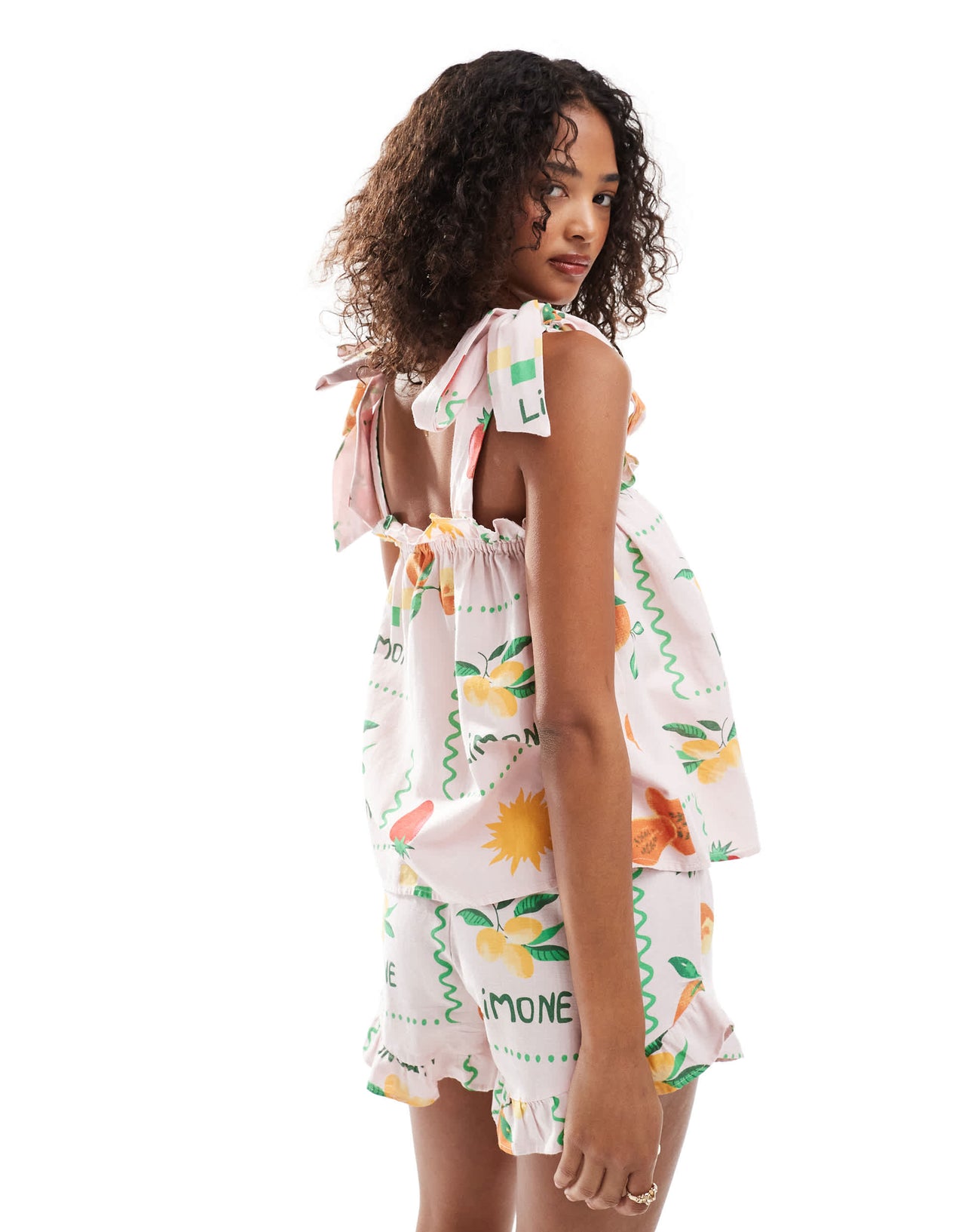 Pieces tie shoulder smock top co-ord in pale pink based fruit print