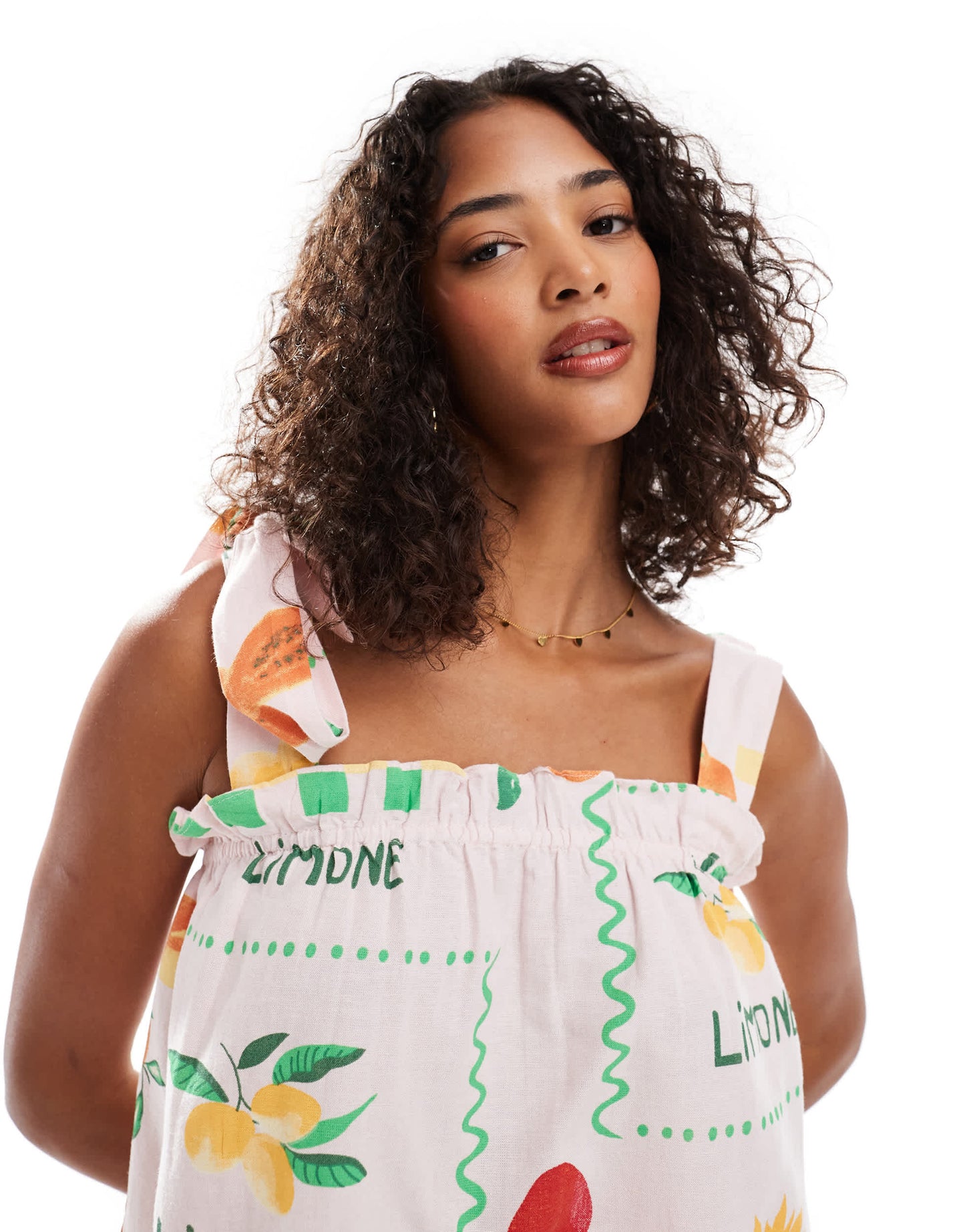 Pieces tie shoulder smock top co-ord in pale pink based fruit print