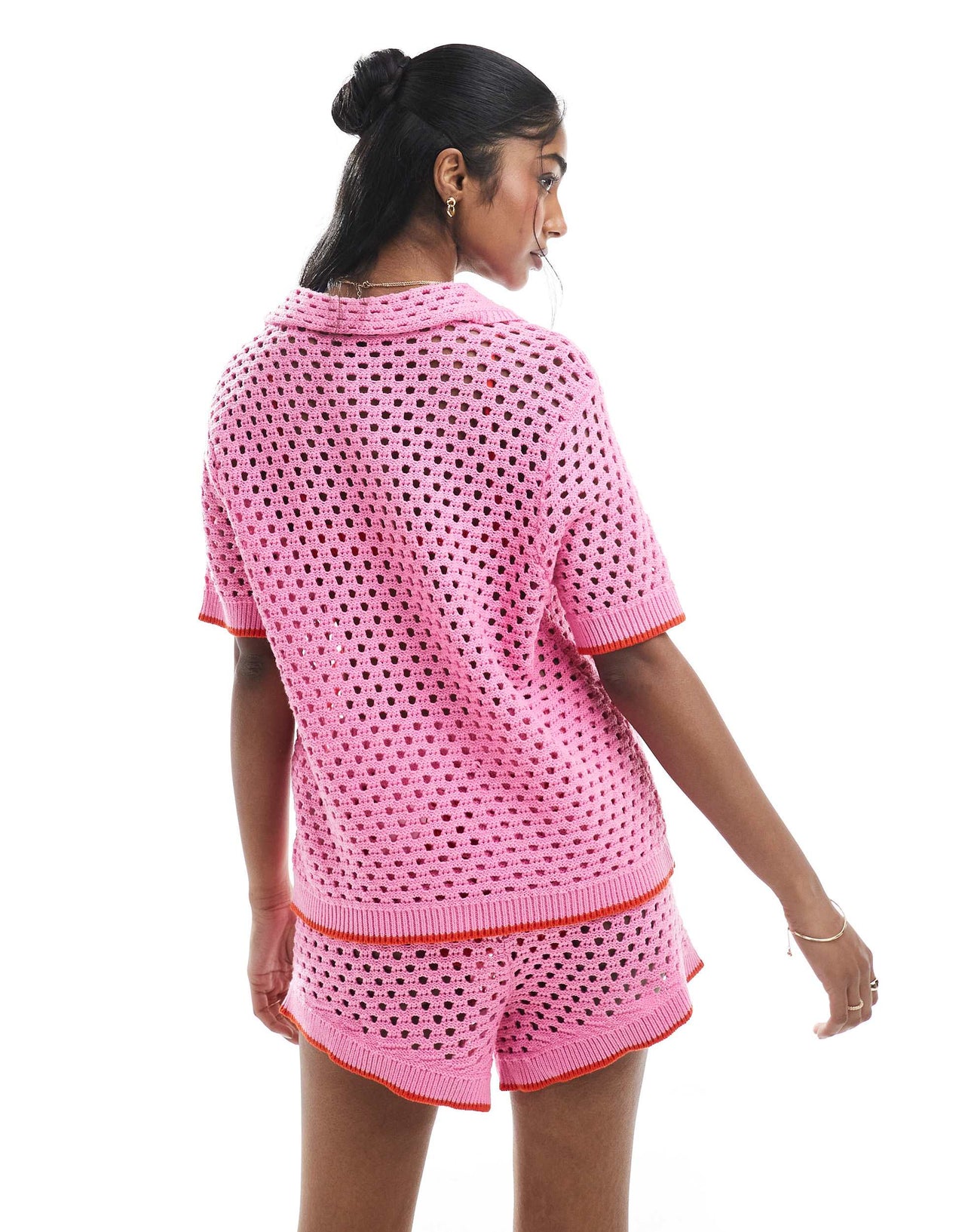 Pieces open knit boxy polo top co-ord in pink and red