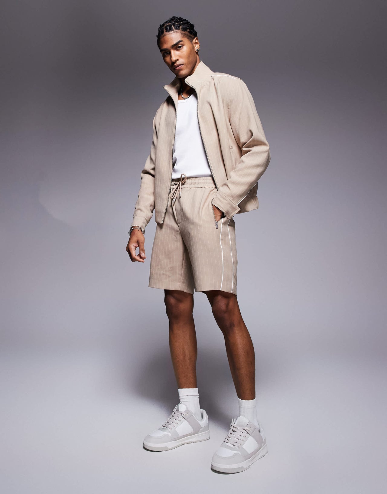 River Island pinstripe shorts co-ord in stone