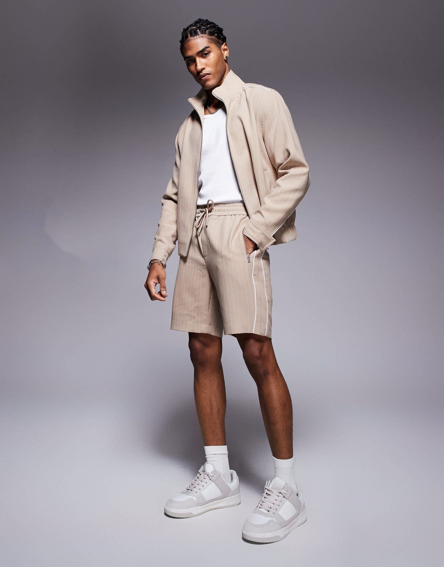 River Island pinstripe shorts co-ord in stone