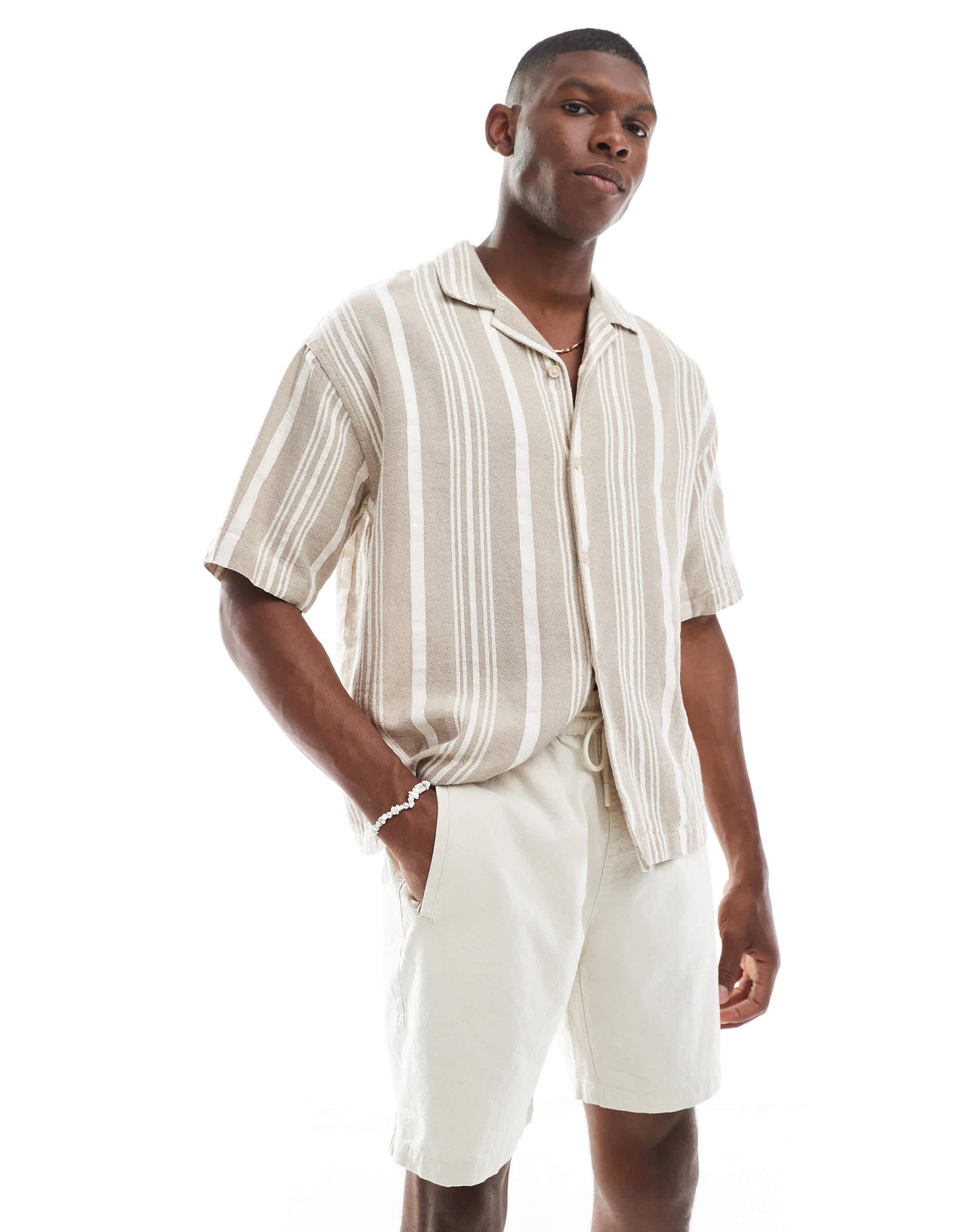 River Island linen look pull on shorts in light stone