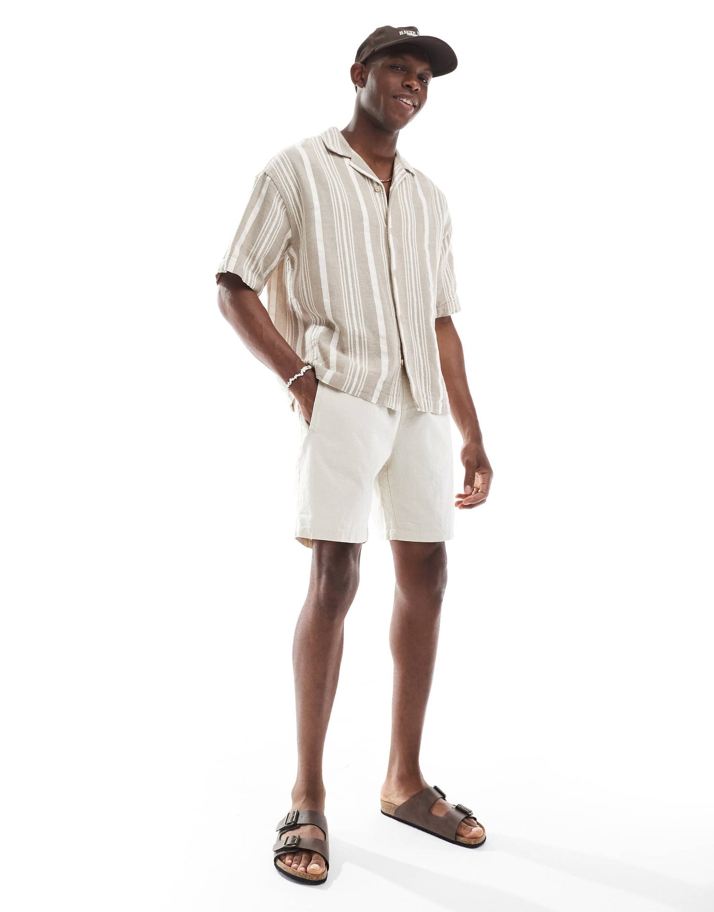 River Island linen look pull on shorts in light stone