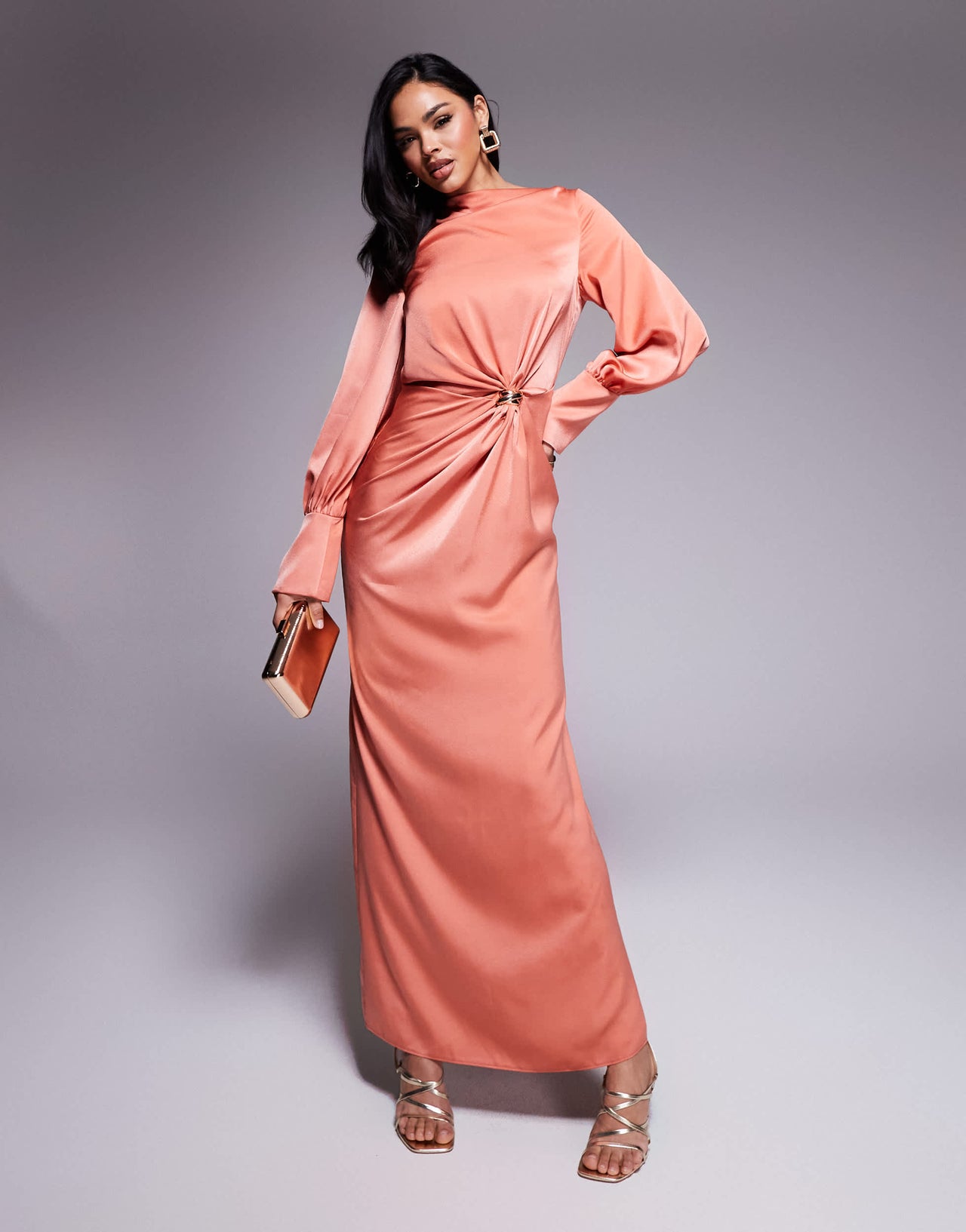 ASOS DESIGN twist front bias satin maxi dress with gold hardware in light copper
