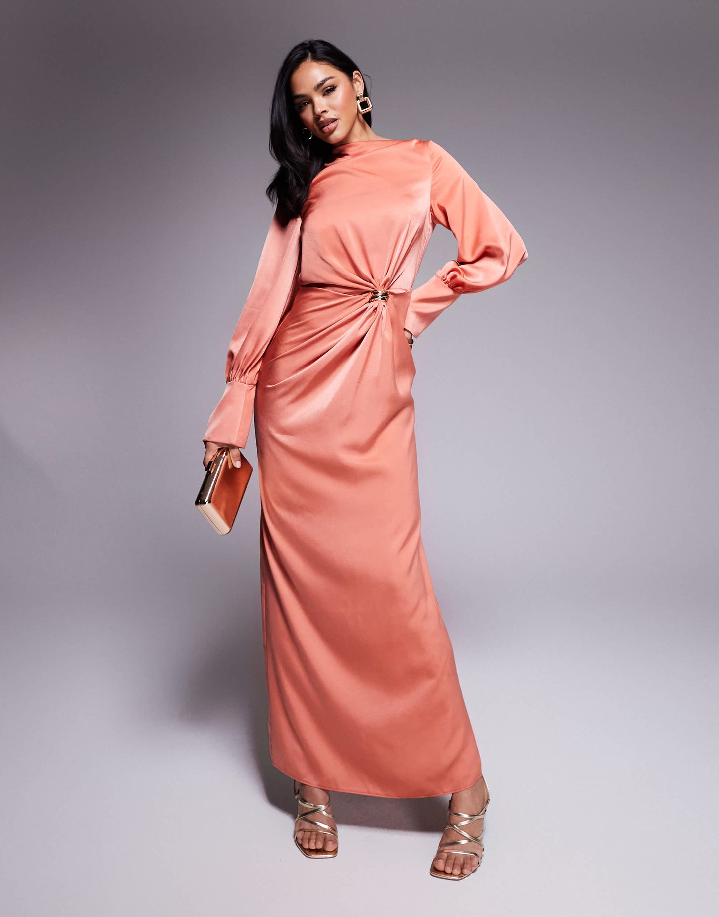 ASOS DESIGN twist front bias satin maxi dress with gold hardware in light copper