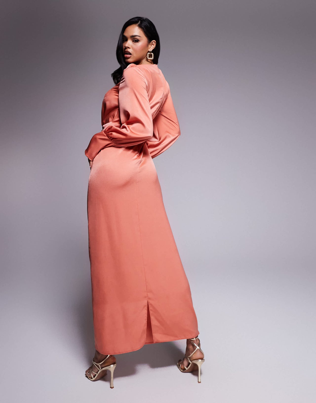 ASOS DESIGN twist front bias satin maxi dress with gold hardware in light copper