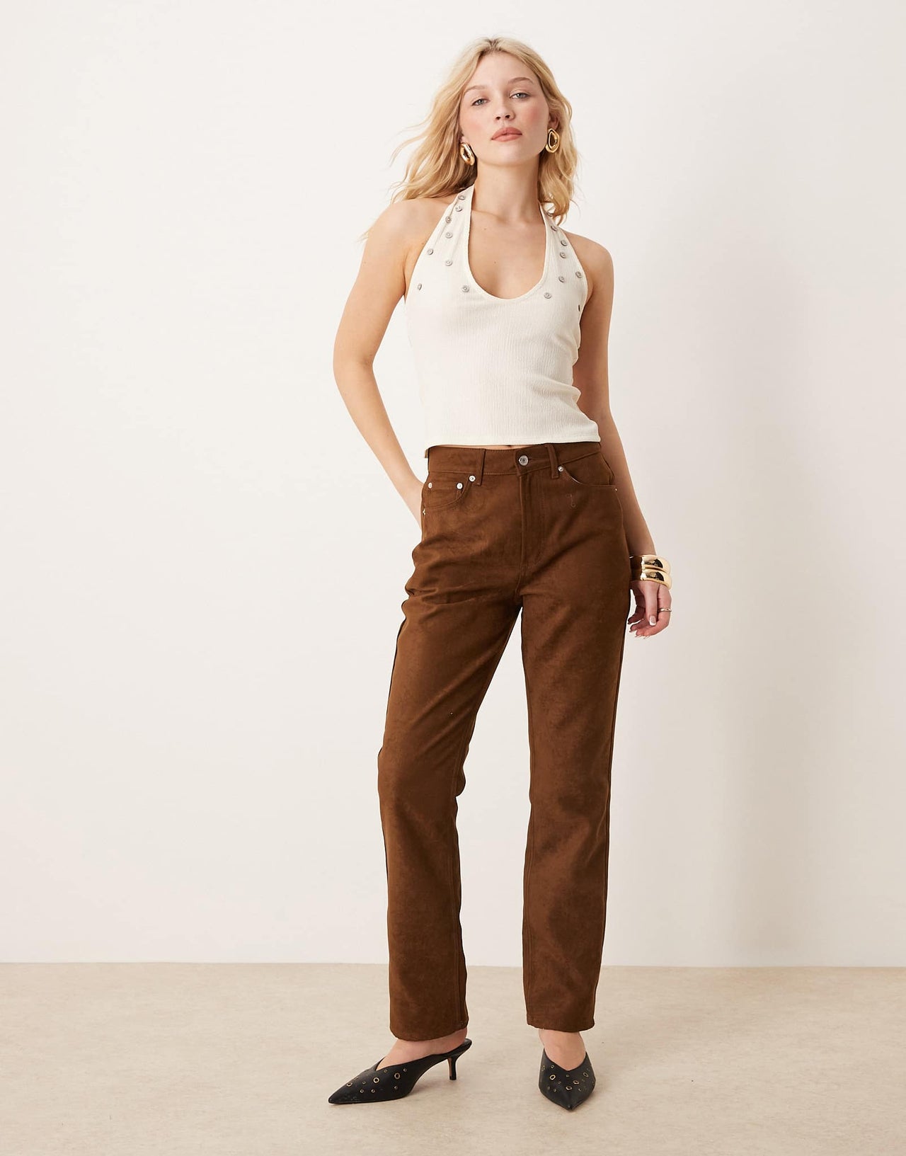 ASOS DESIGN texture halter top with pearlised button detail in cream