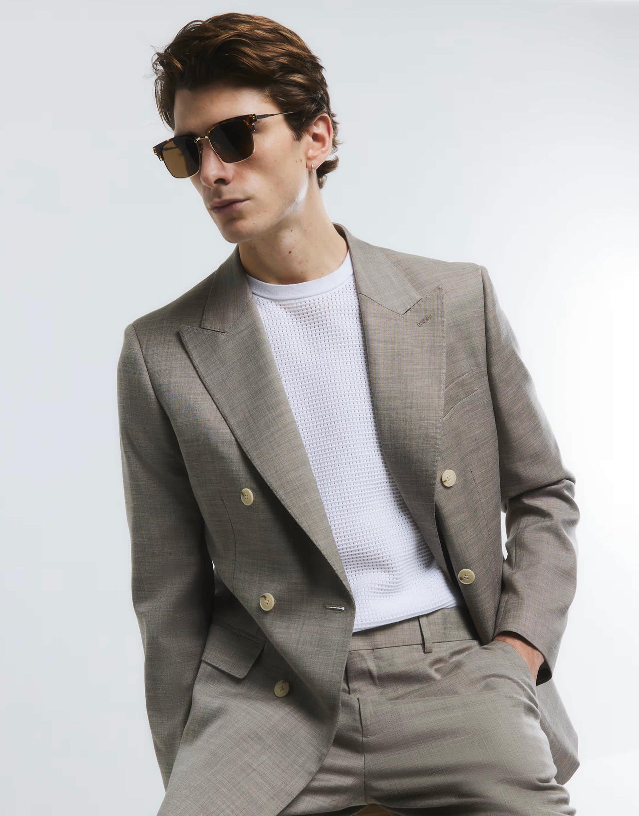 River Island skinny double breasted suit jacket in beige