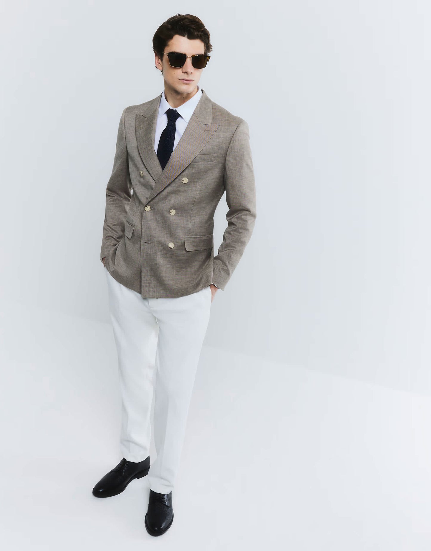 River Island skinny double breasted suit jacket in beige