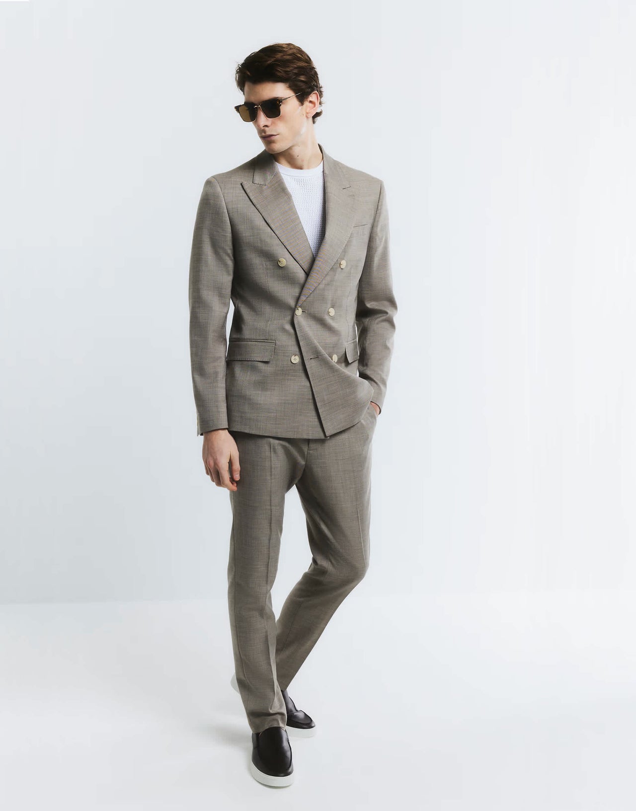 River Island skinny double breasted suit jacket in beige