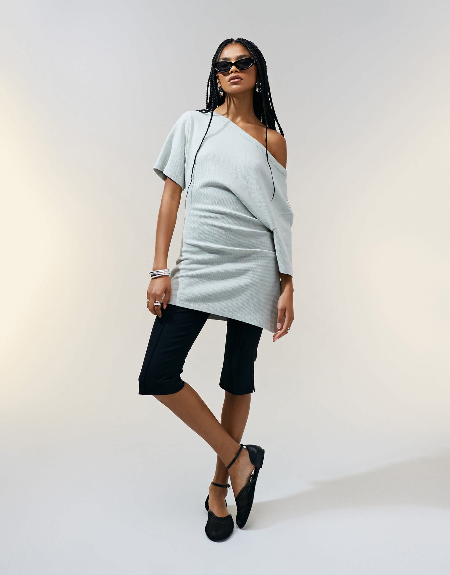 ASOS DESIGN off shoulder cinched waist waffle t-shirt in washed sage