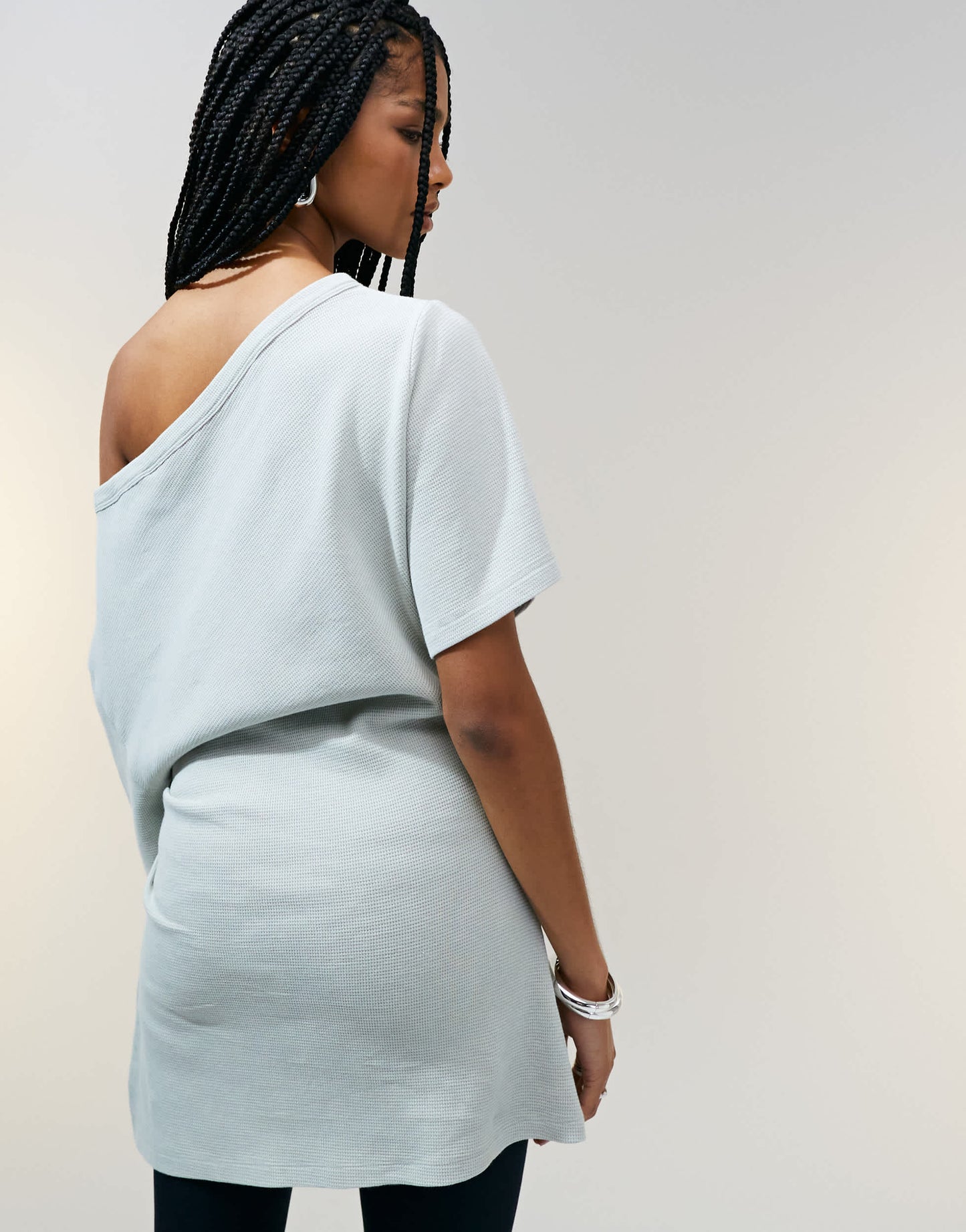 ASOS DESIGN off shoulder cinched waist waffle t-shirt in washed sage