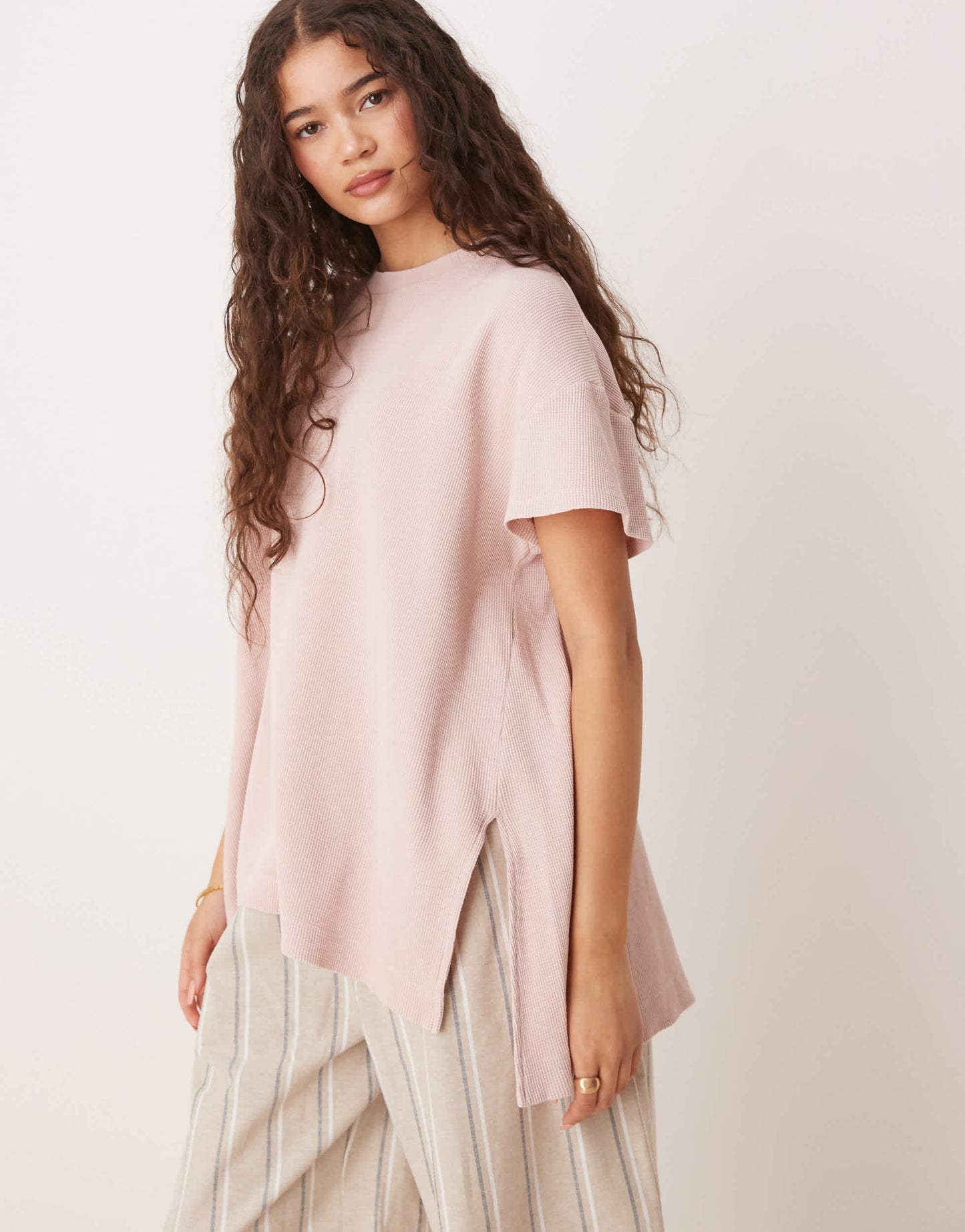 ASOS DESIGN extreme hem oversized waffle t-shirt in washed pink