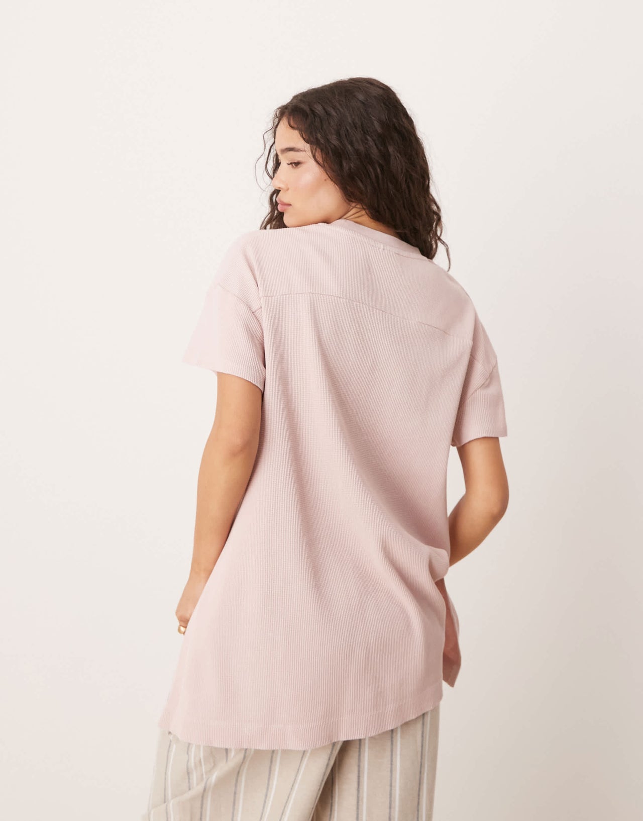 ASOS DESIGN extreme hem oversized waffle t-shirt in washed pink