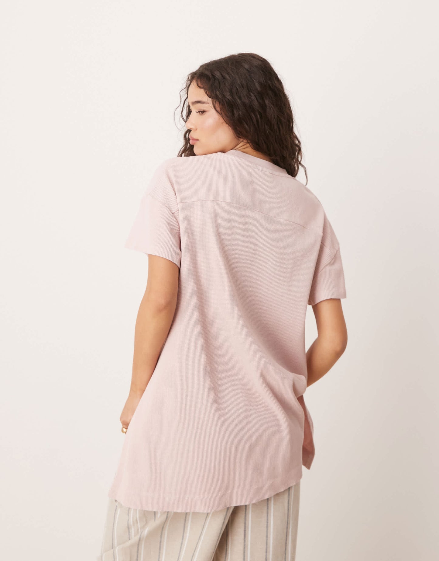 ASOS DESIGN extreme hem oversized waffle t-shirt in washed pink