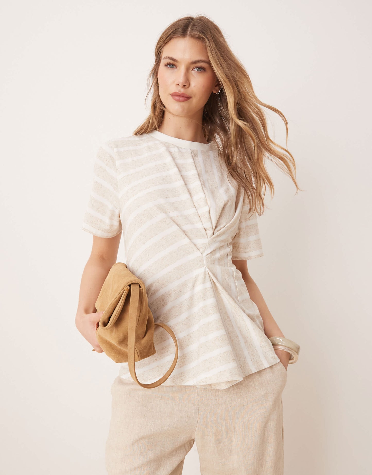 ASOS DESIGN pleat tuck detail t-shirt in neutral stripe