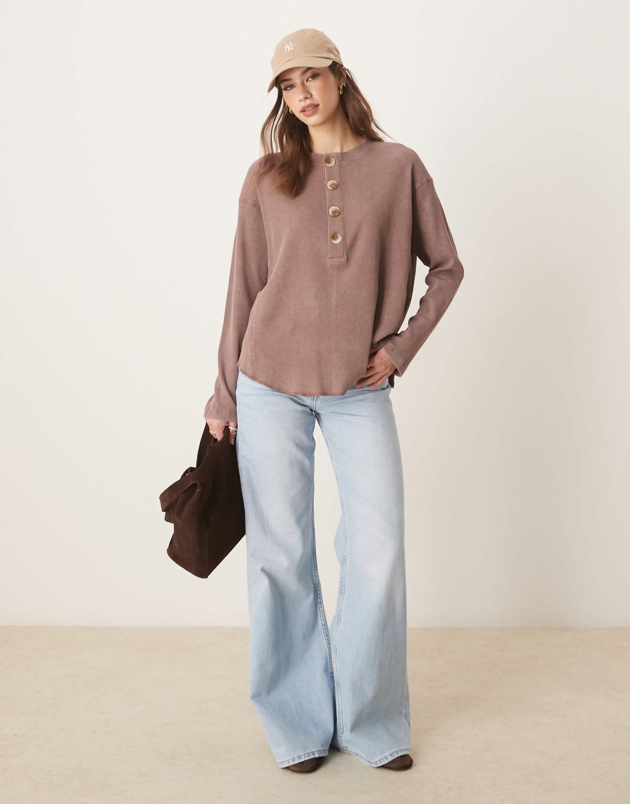 ASOS DESIGN heavy waffle long sleeve henley top in washed brown