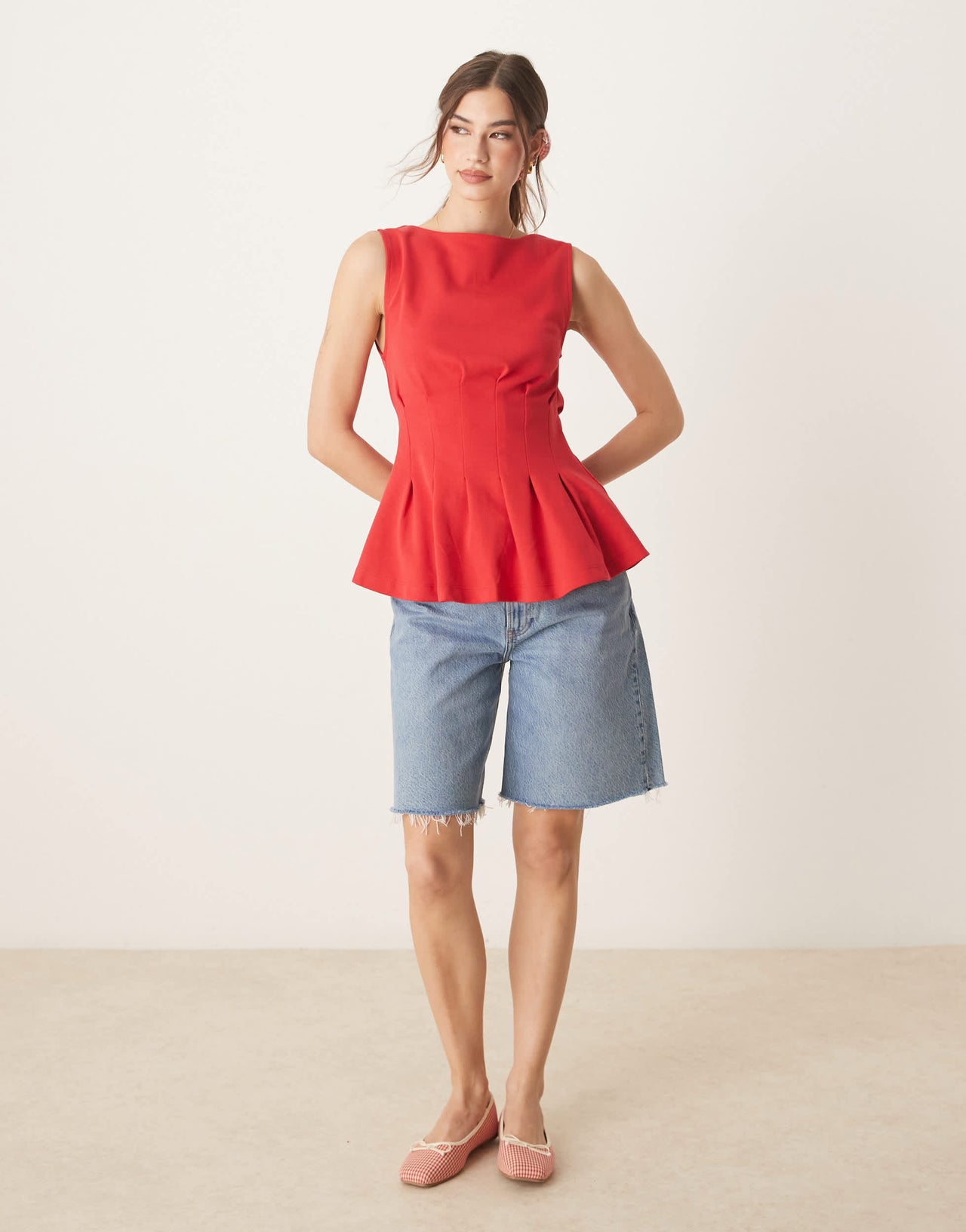 ASOS DESIGN  boat neck pleat waist tank in red
