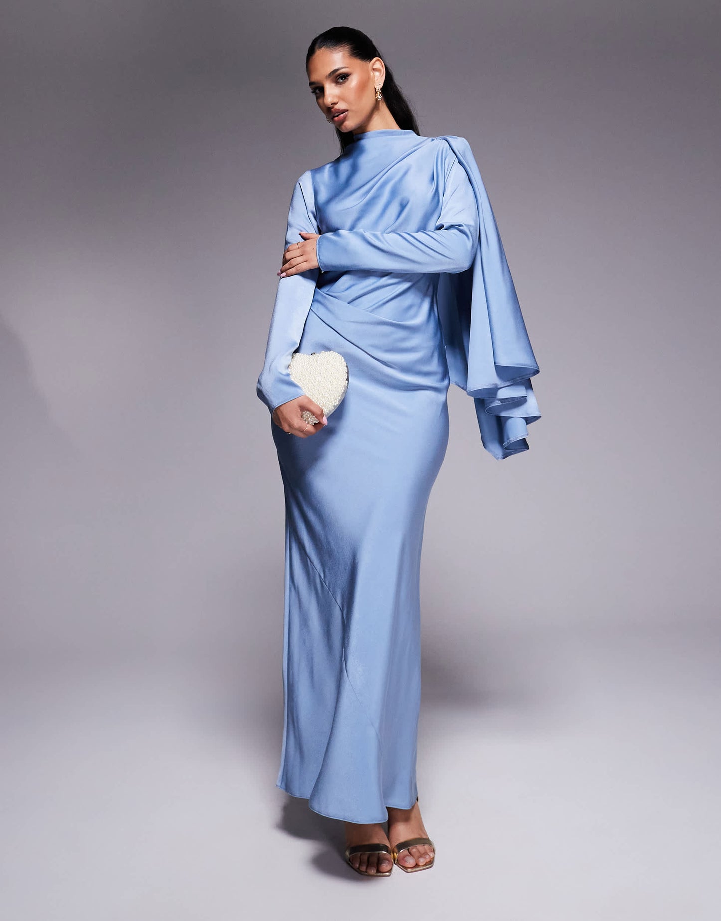 ASOS DESIGN draped satin bias maxi dress with scarf overlay detail in dusky blue