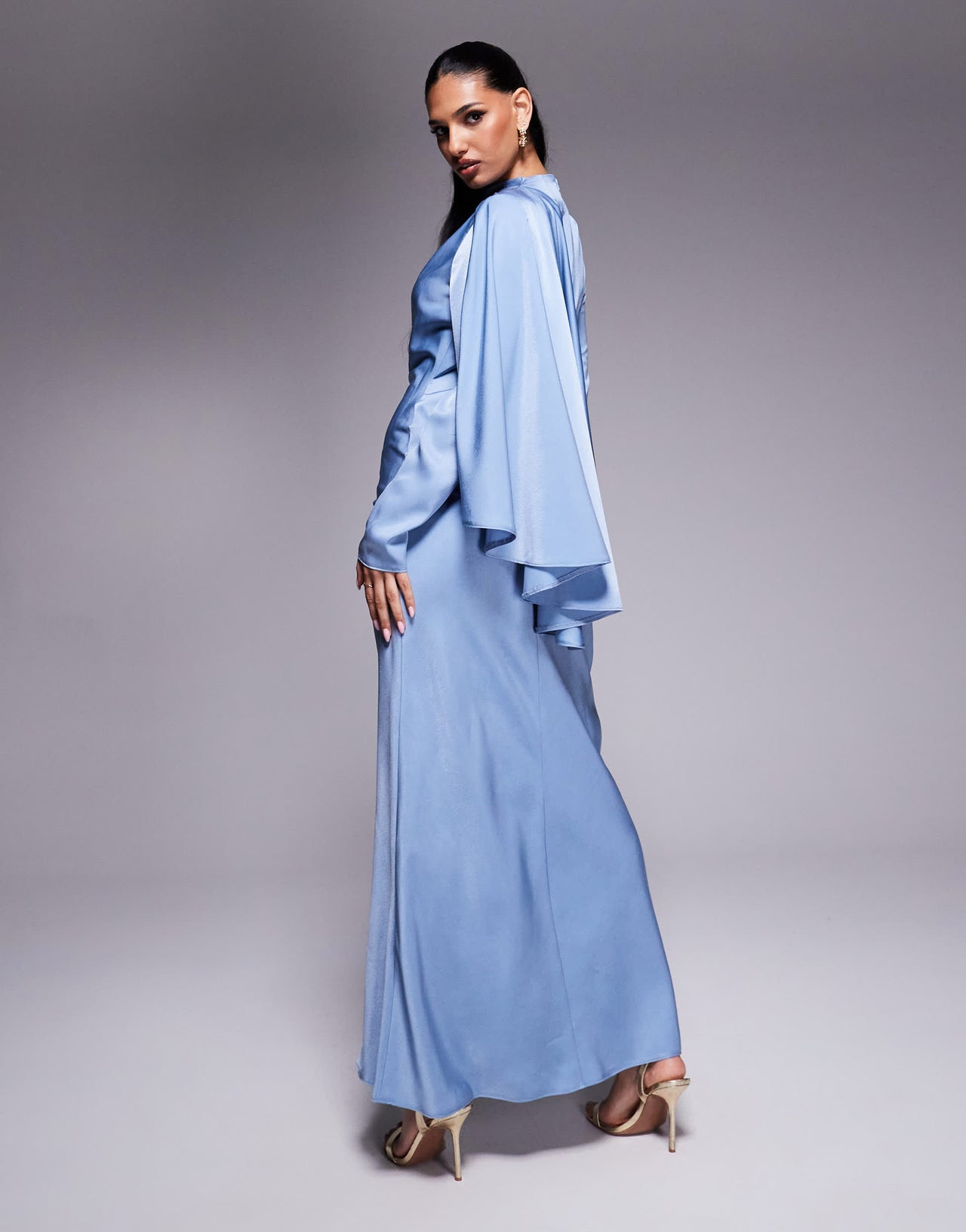 ASOS DESIGN draped satin bias maxi dress with scarf overlay detail in dusky blue