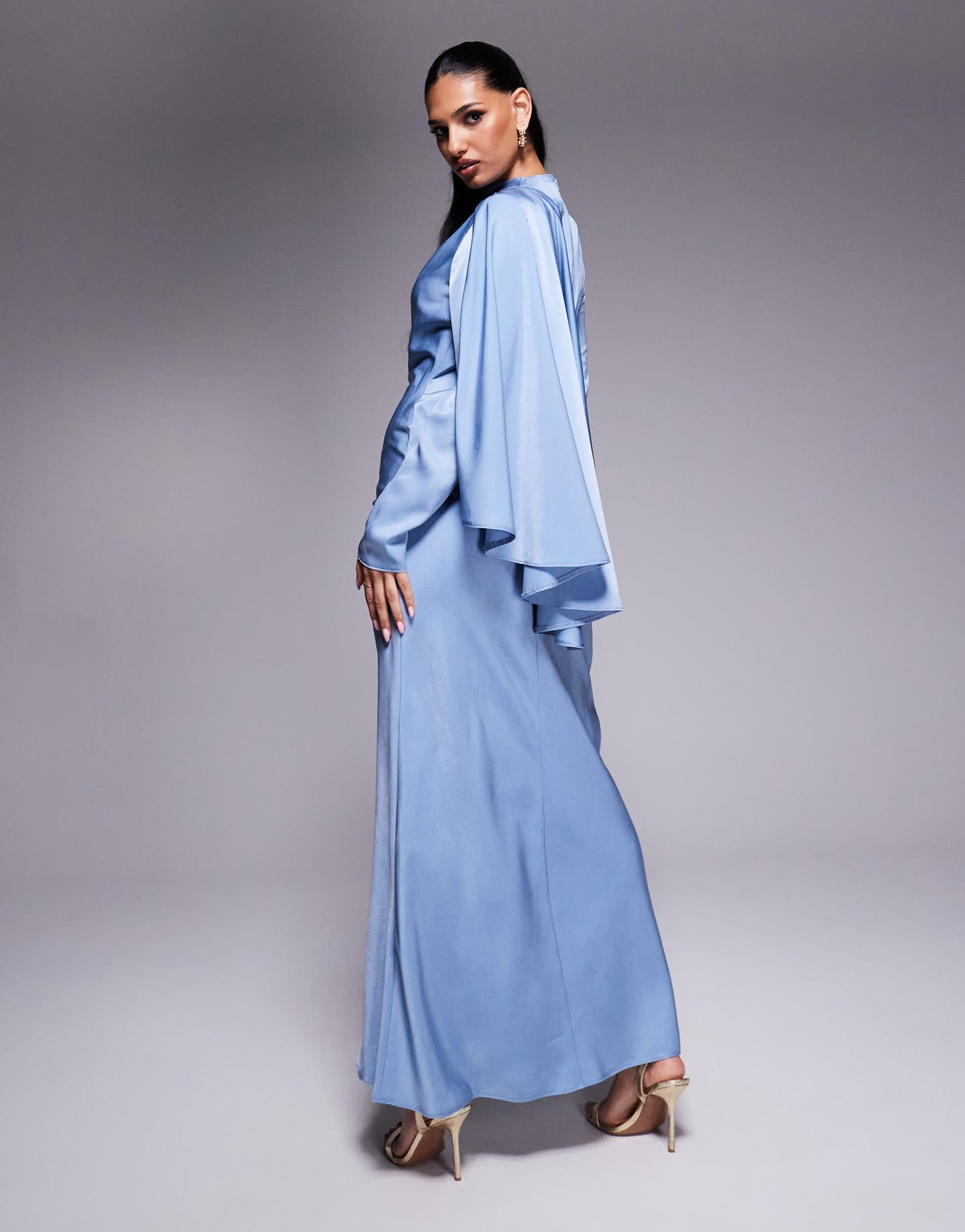 ASOS DESIGN draped satin bias maxi dress with scarf overlay detail in dusky blue
