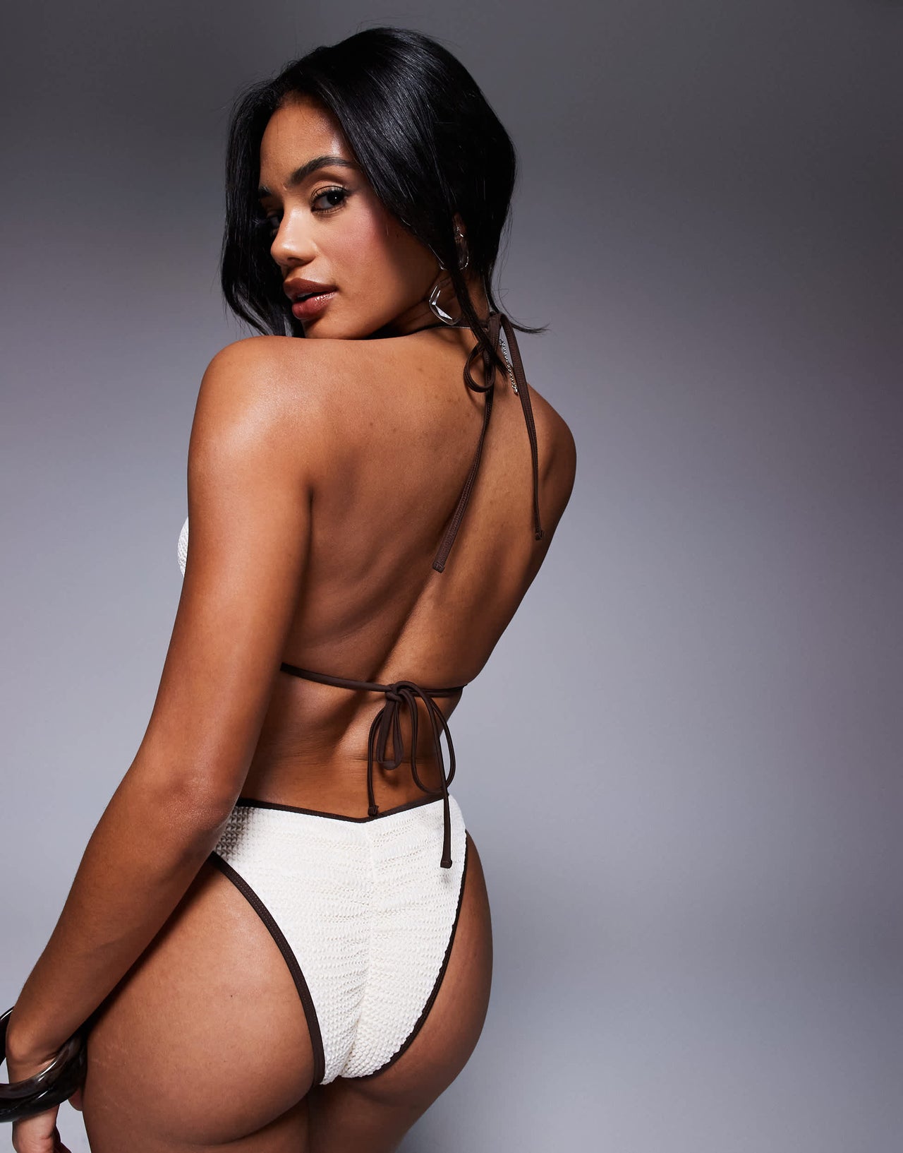 Moda Minx scrunch contrast binding halter bikini top in cream