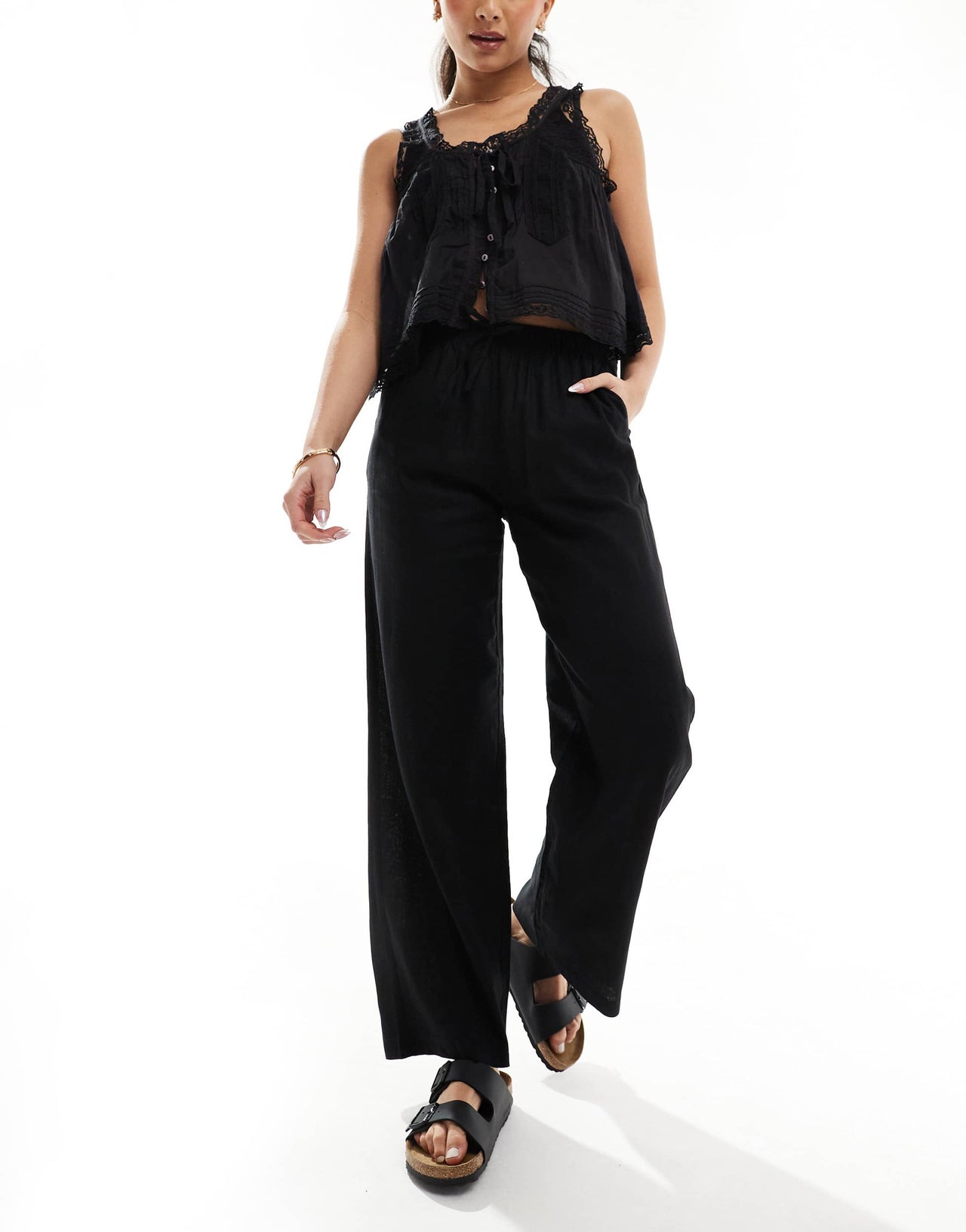Bershka tie waist wide leg linen trousers in black