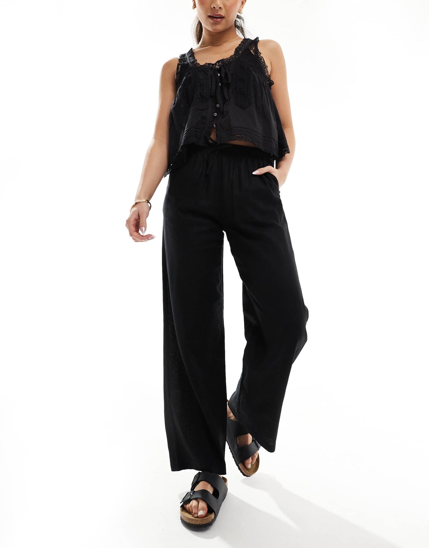 Bershka tie waist wide leg linen trousers in black