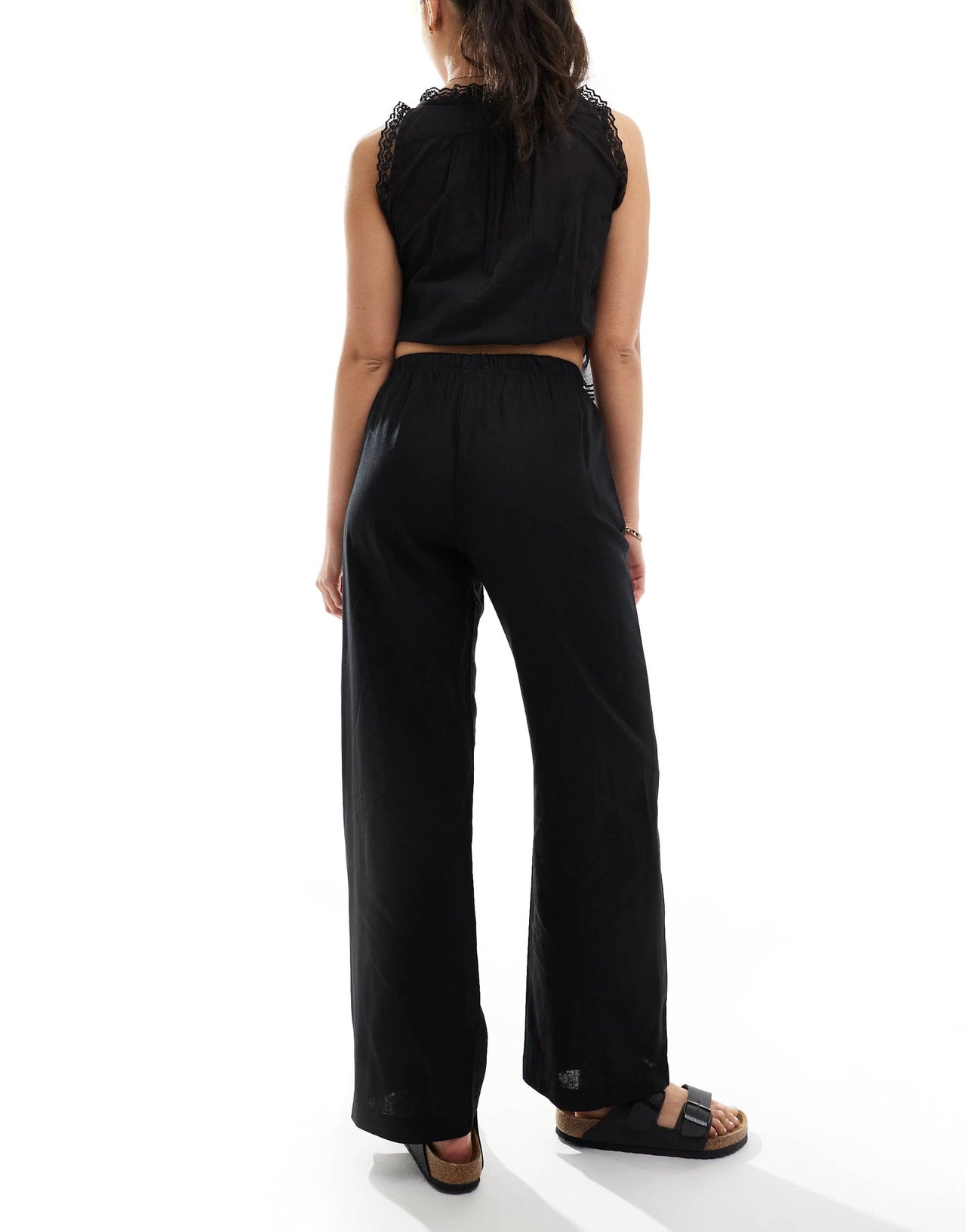 Bershka tie waist wide leg linen trousers in black