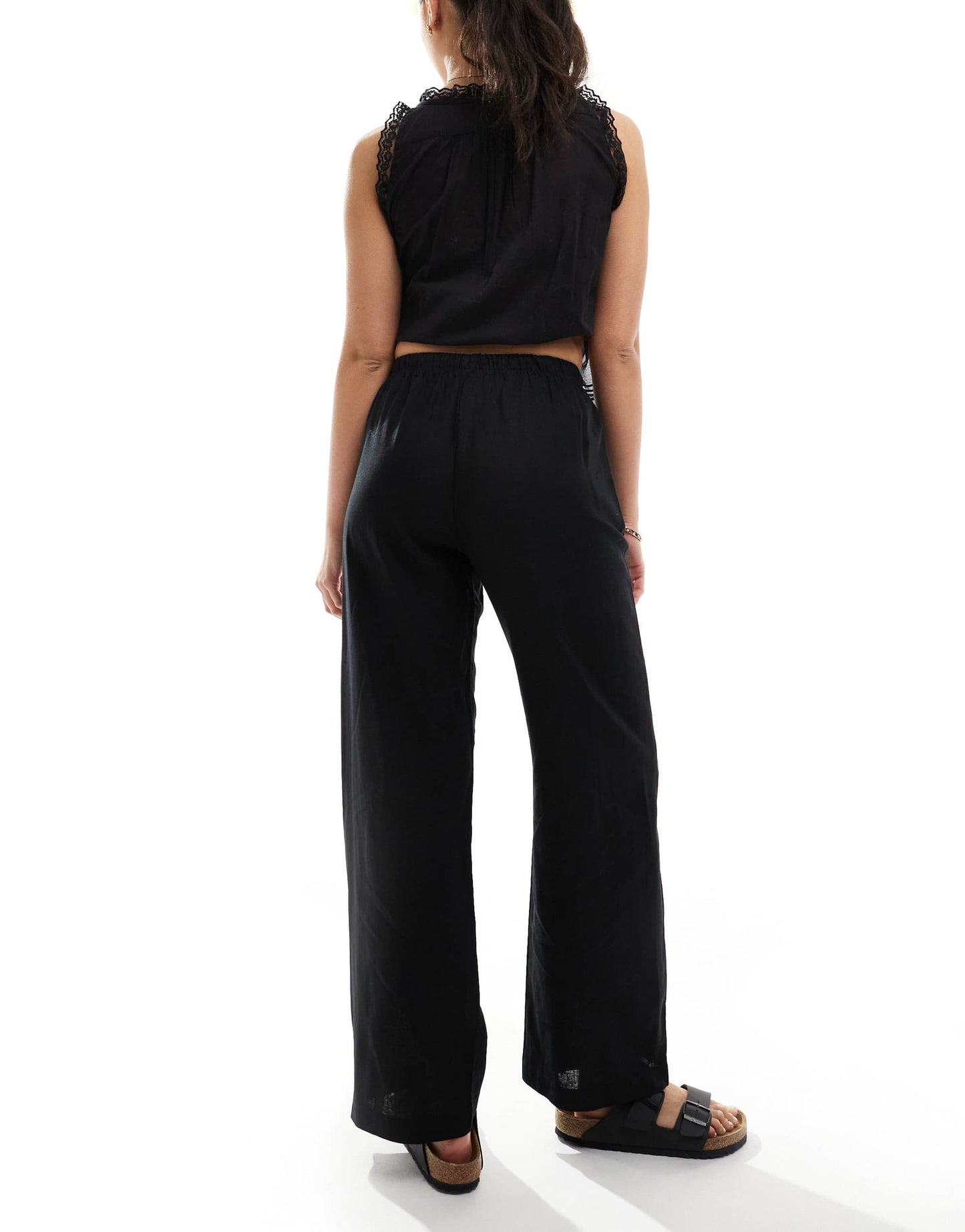 Bershka tie waist wide leg linen trousers in black