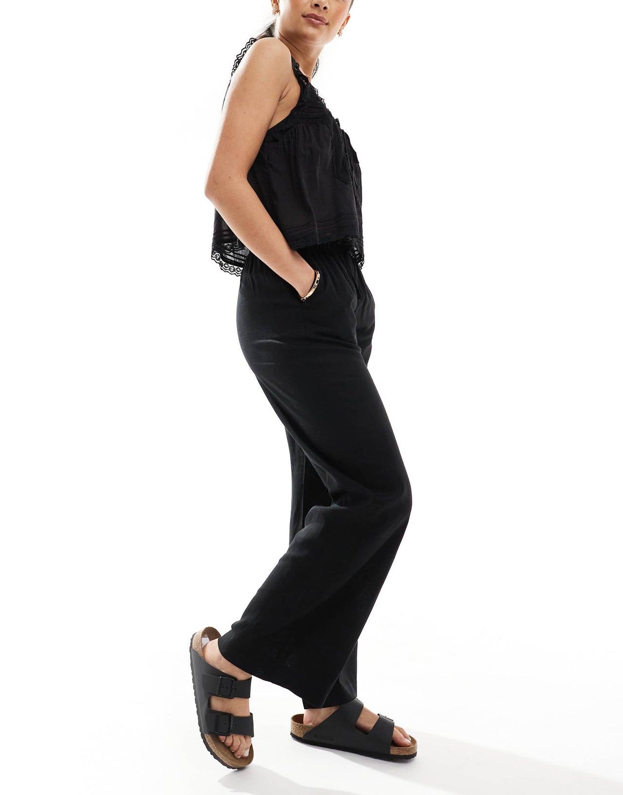 Bershka tie waist wide leg linen trousers in black
