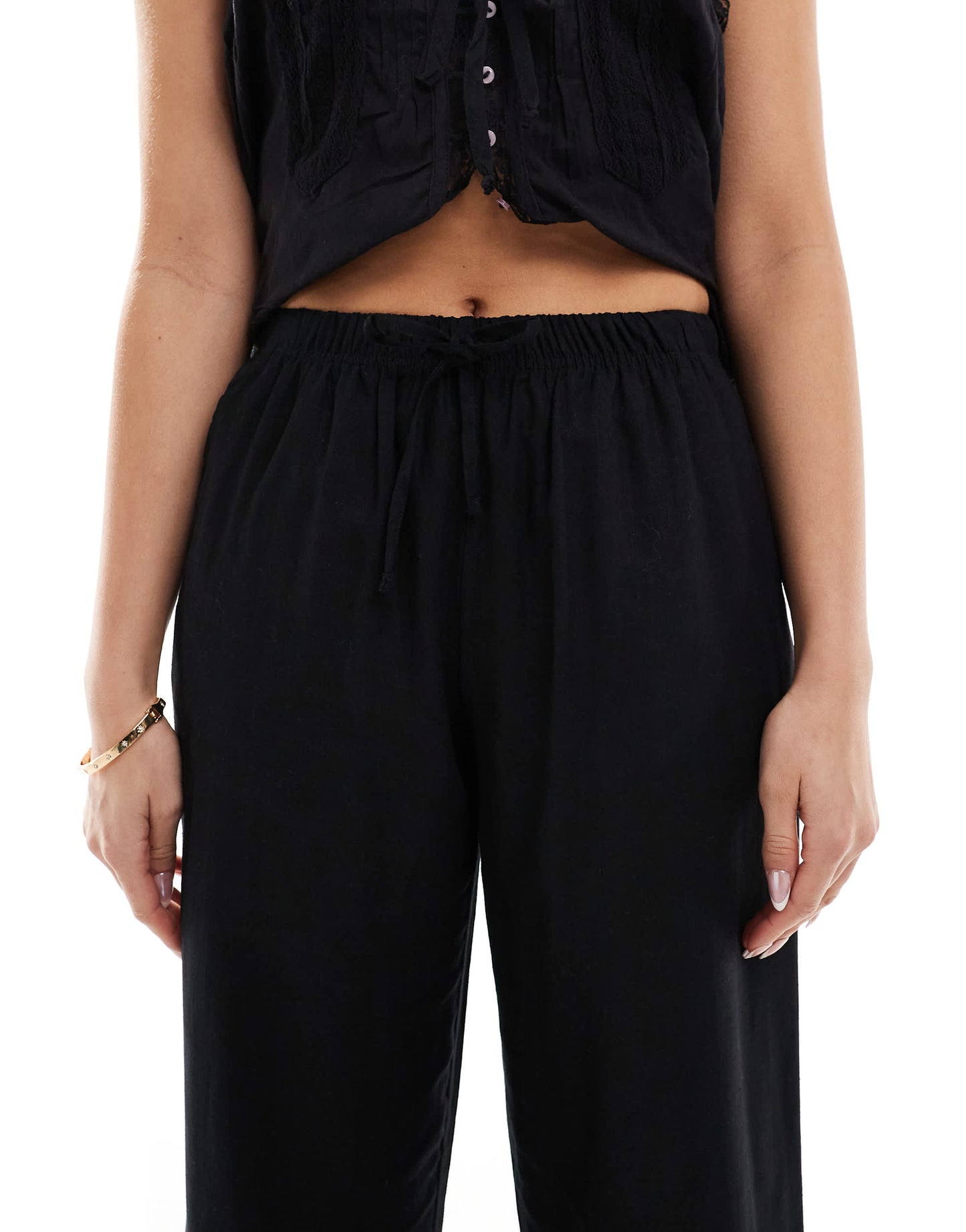 Bershka tie waist wide leg linen trousers in black