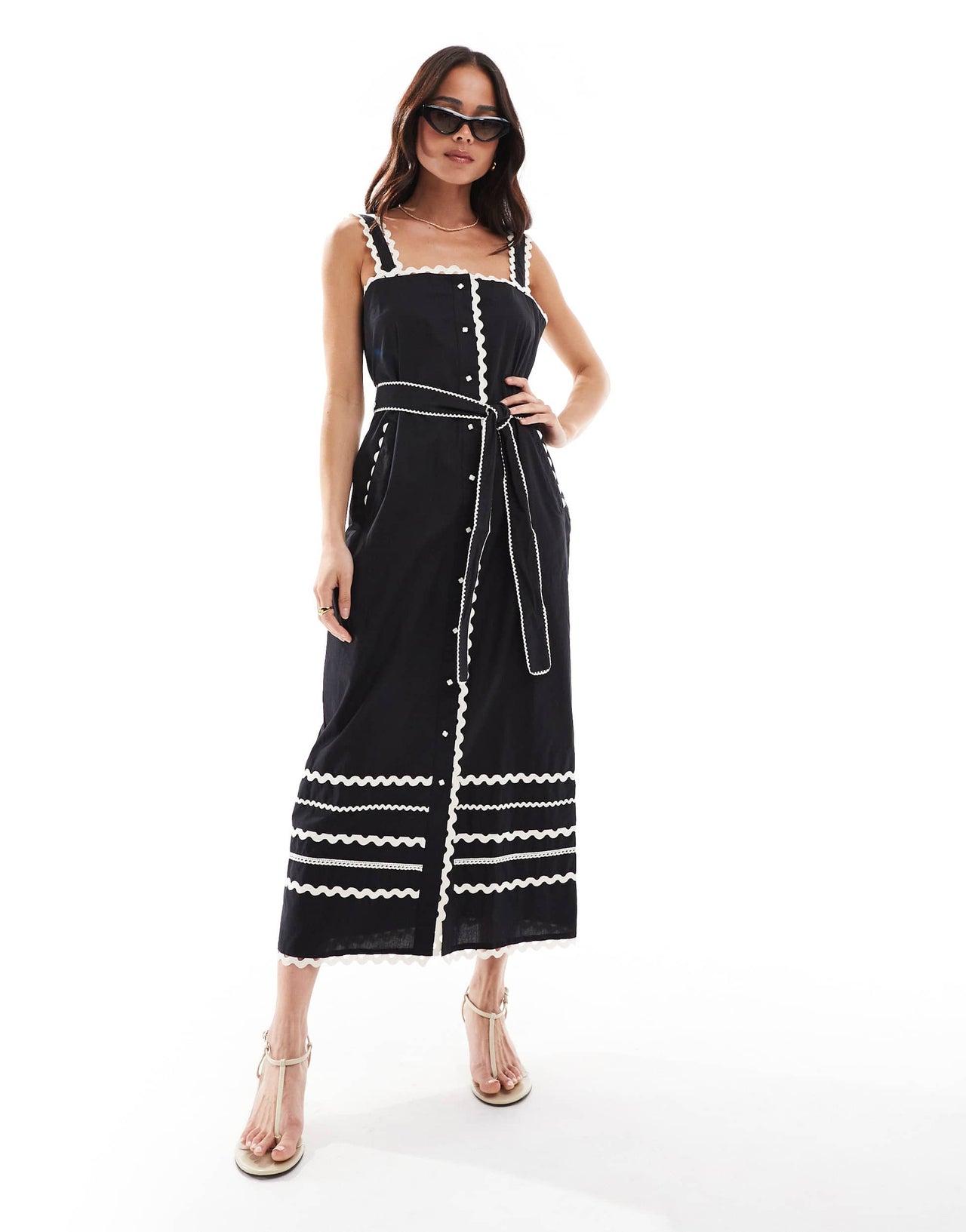 French Connection Cambria cotton ricrac midi dress in black and white
