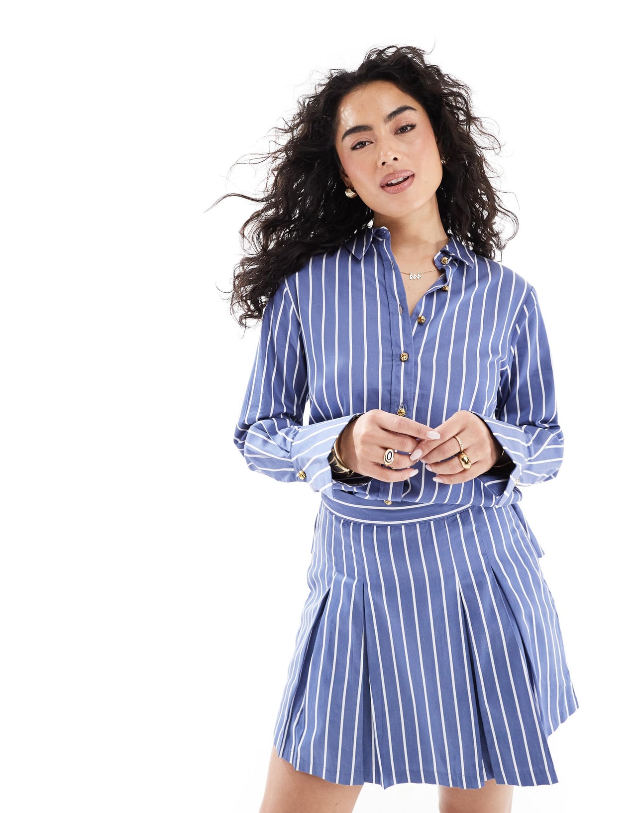French Connection Alexis cotton stripe shirt in navy and white co-ord