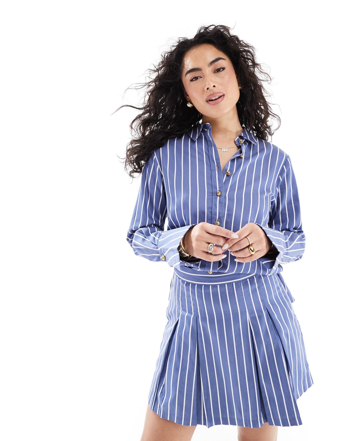 French Connection Alexis cotton stripe shirt in navy and white co-ord