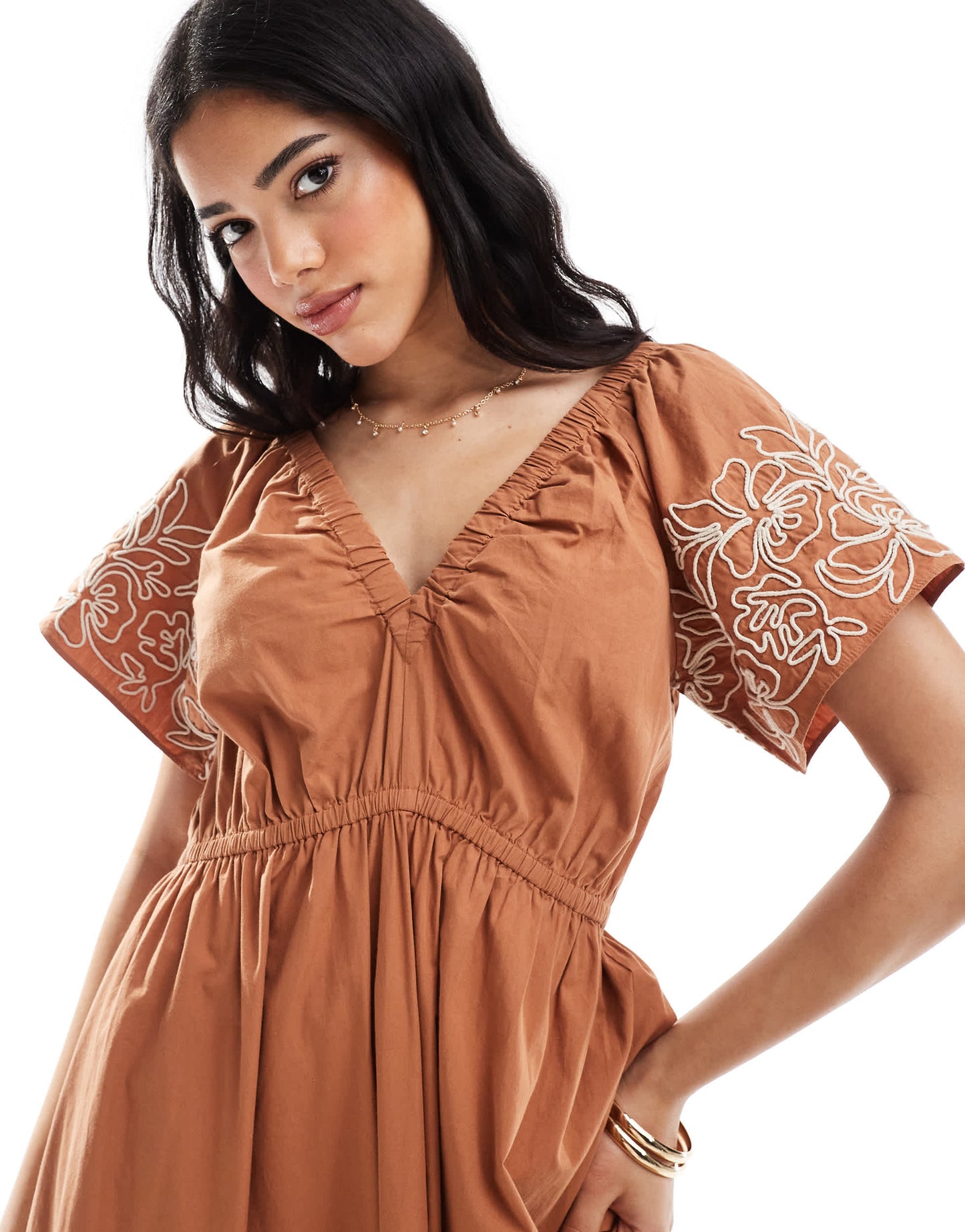 French Connection Cambria cotton embroidered midi dress in coffee brown