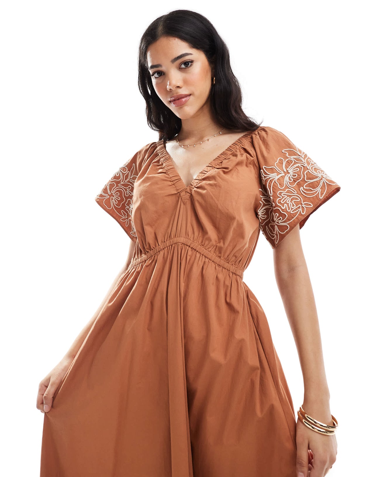 French Connection Cambria cotton embroidered midi dress in coffee brown