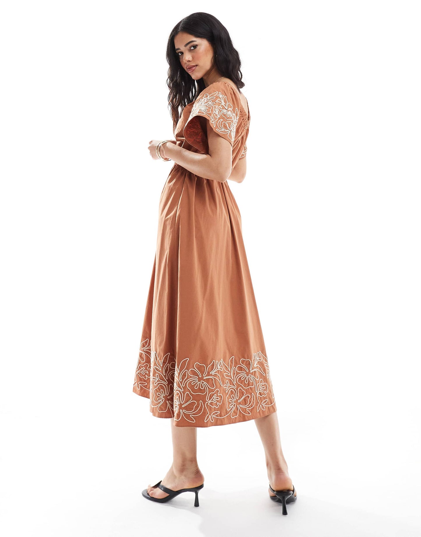 French Connection Cambria cotton embroidered midi dress in coffee brown