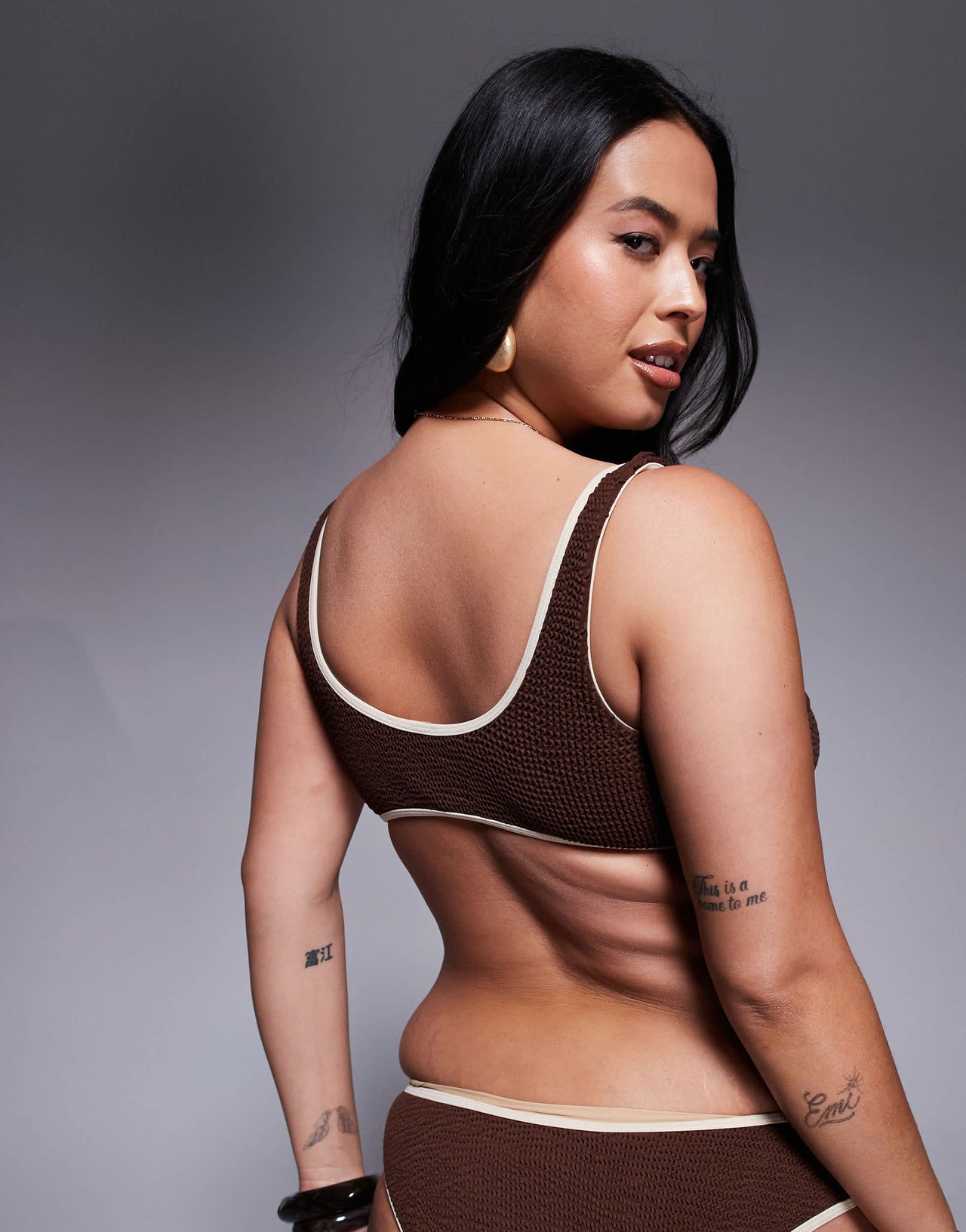 Moda Minx Curve scoop bikini top in brown with contrast almond binding