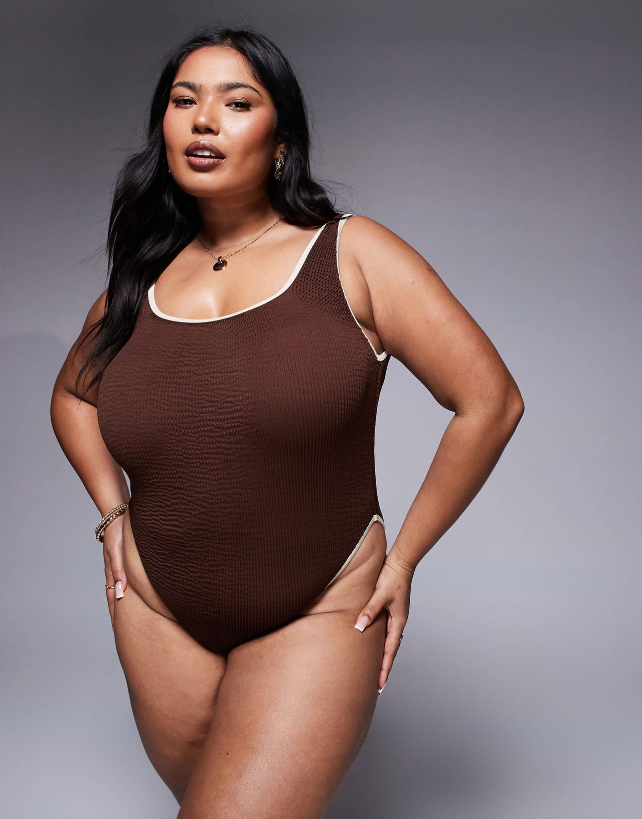 Moda Minx Curve contrast binding swimsuit in brown