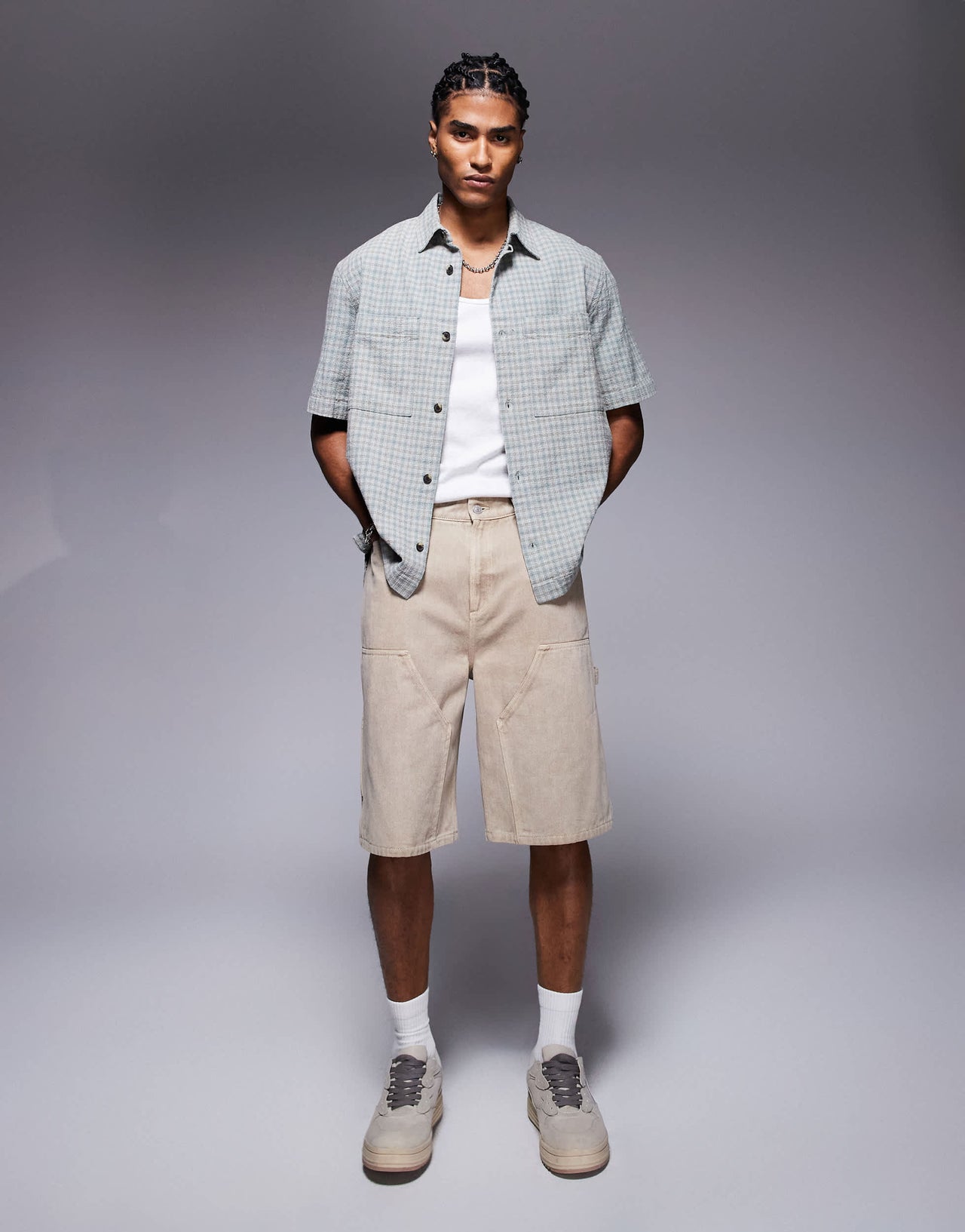 River Island short sleeve over shirt in muted check